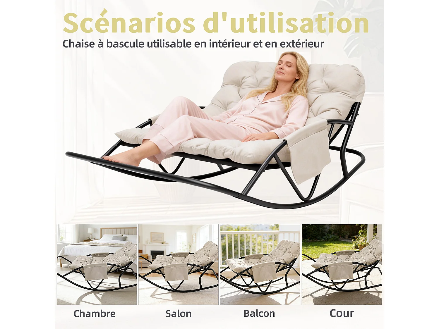 Fauteuil à bascule 2 places avec coussin en tissu technique – chaise lounge moderne à structure en acier pour balcon, terrasse ou salon