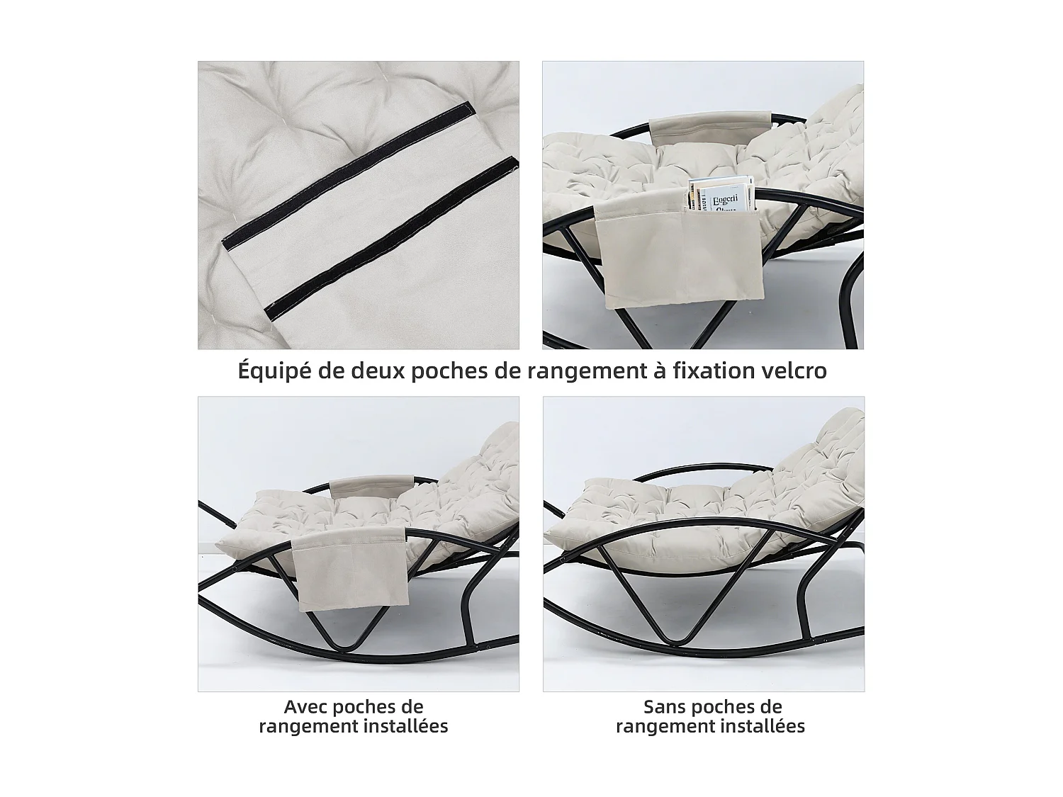 Fauteuil à bascule 2 places avec coussin en tissu technique – chaise lounge moderne à structure en acier pour balcon, terrasse ou salon