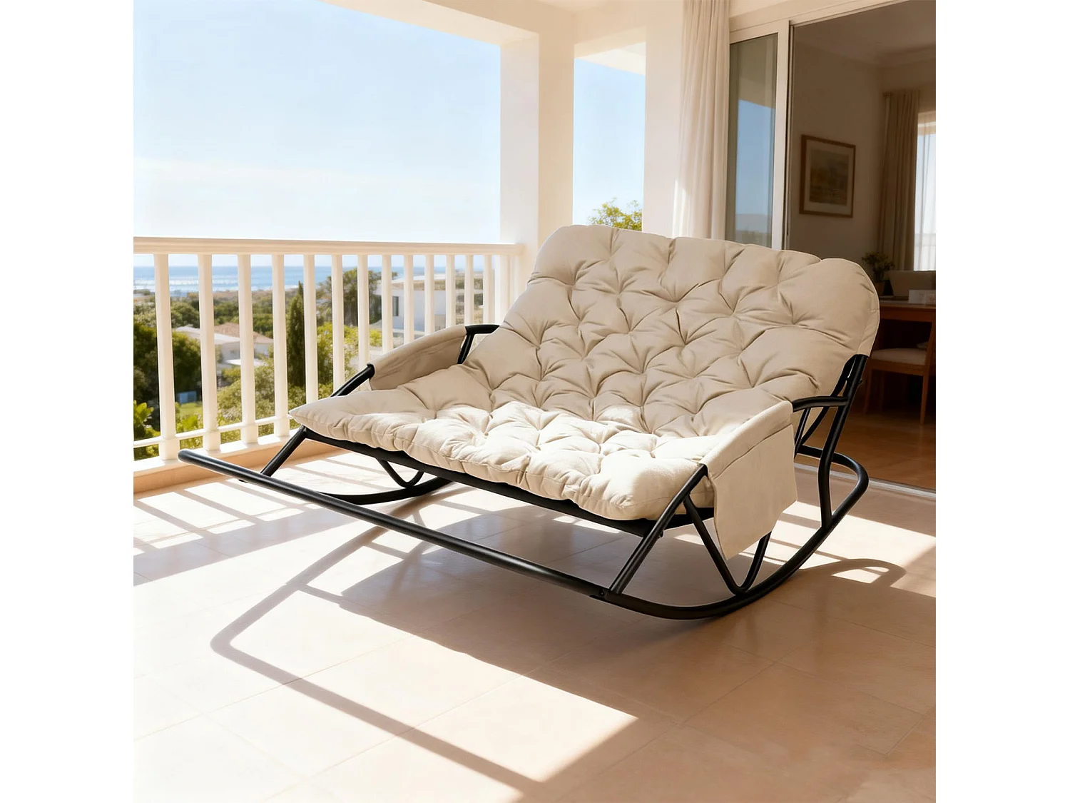 Fauteuil à bascule 2 places avec coussin en tissu technique – chaise lounge moderne à structure en acier pour balcon, terrasse ou salon