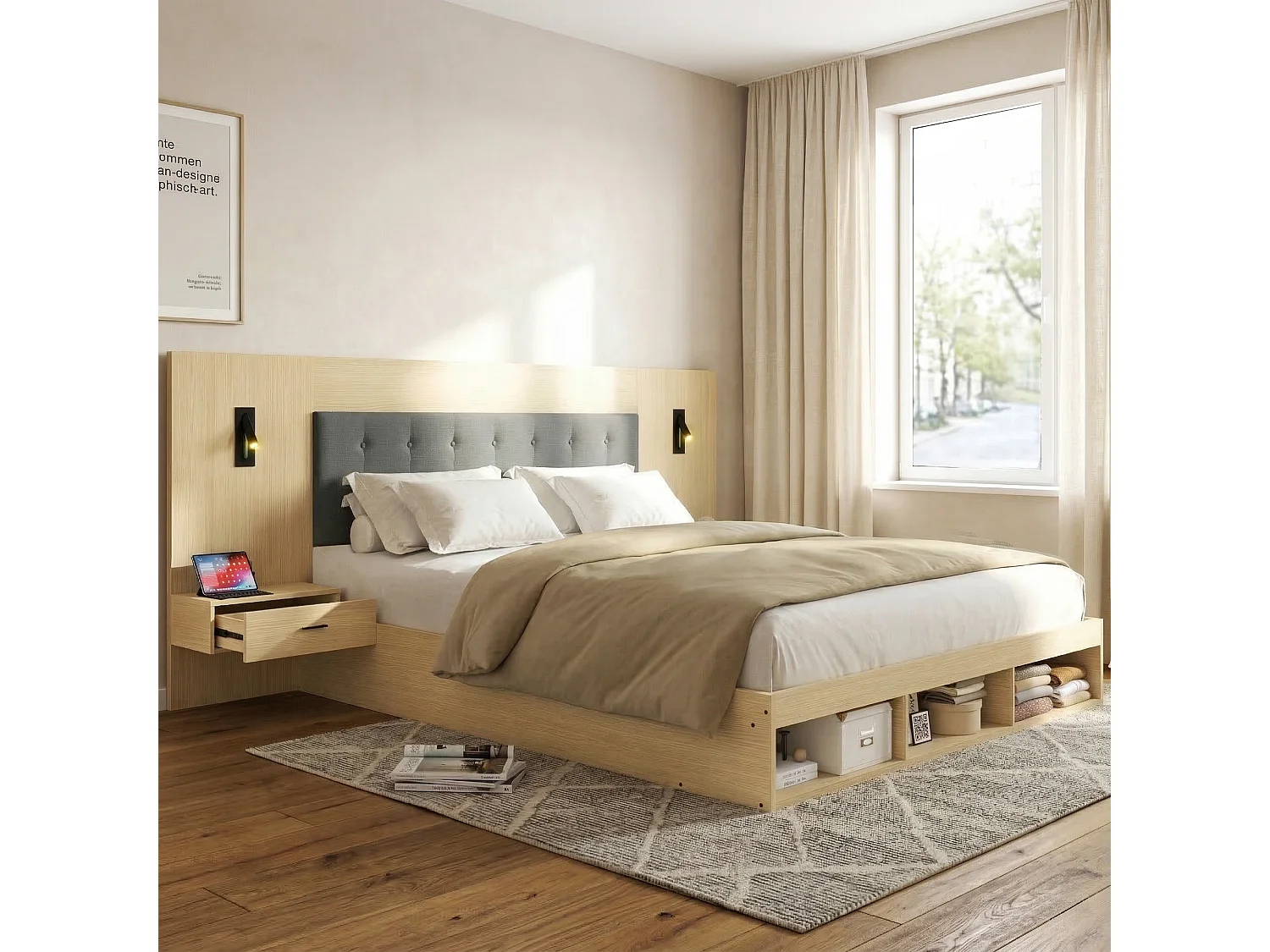 Lit 180x200 avec rangements, 2 chevets, liseuses 360° et USB-C, Chêne clair