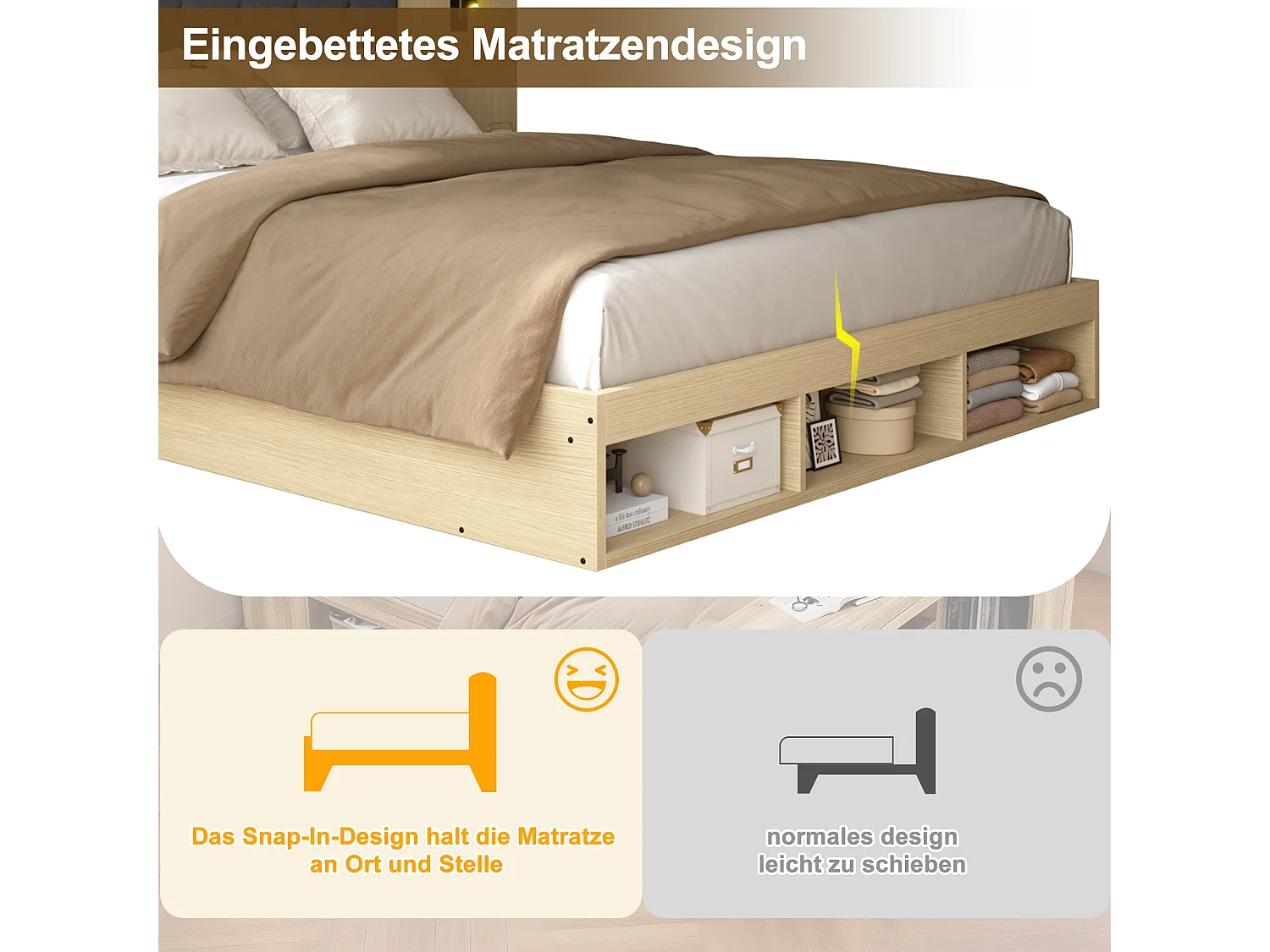 Lit 180x200 avec rangements, 2 chevets, liseuses 360° et USB-C, Chêne clair