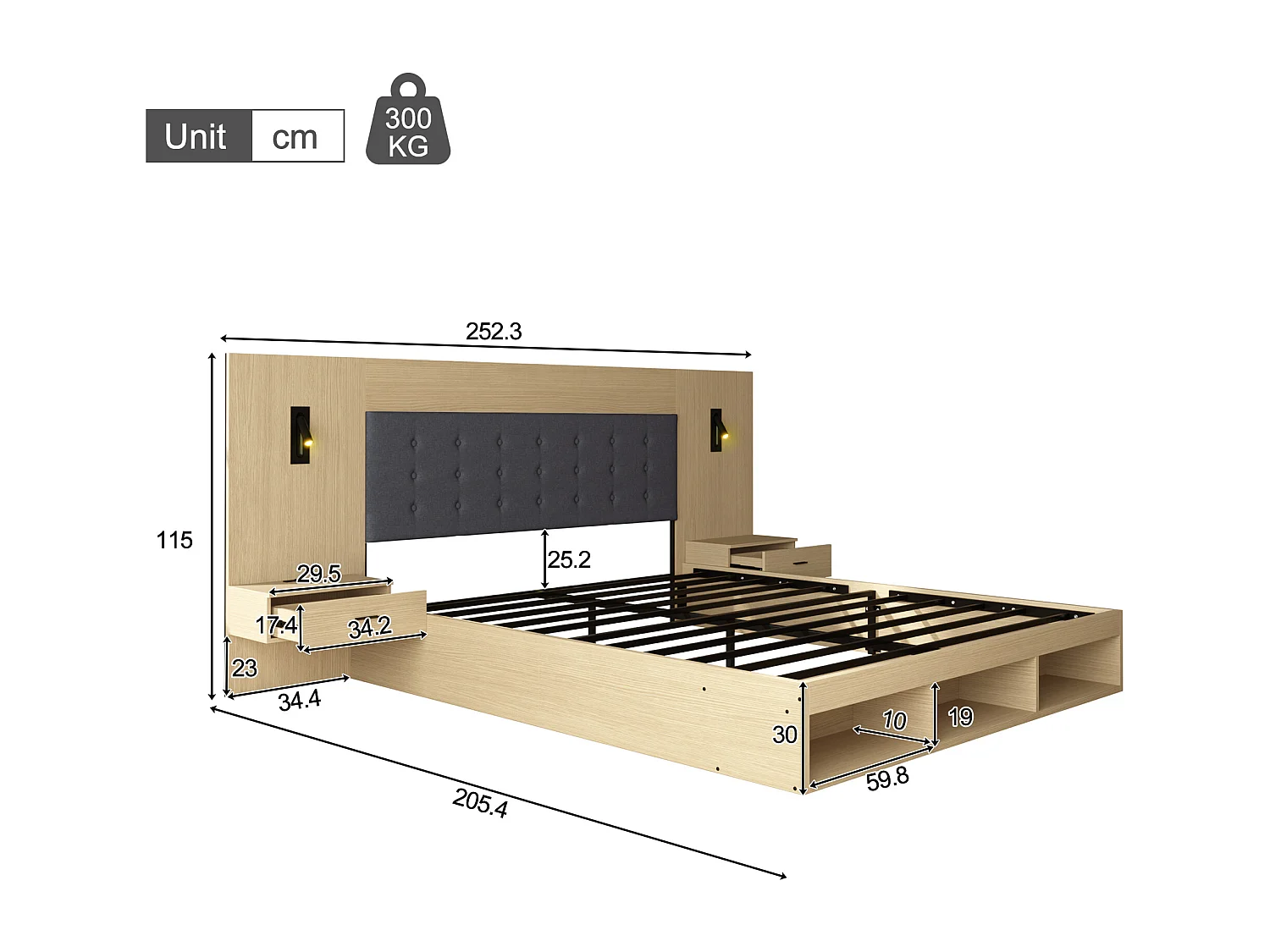 Lit 180x200 avec rangements, 2 chevets, liseuses 360° et USB-C, Chêne clair