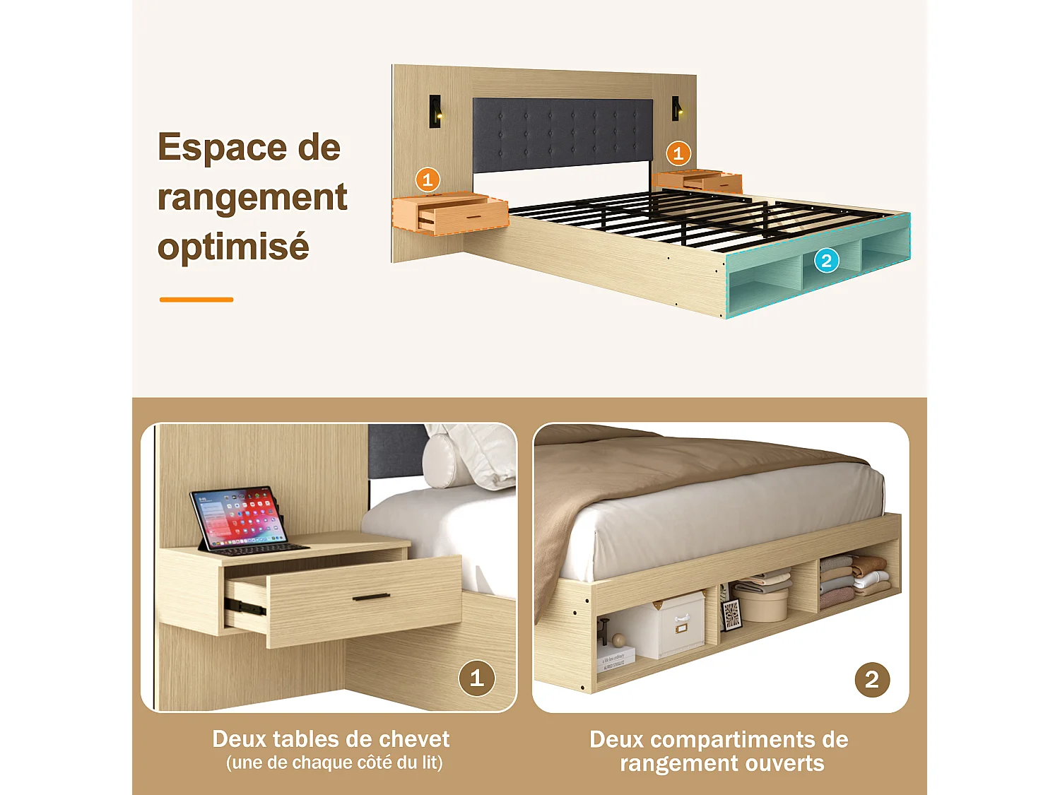 Lit 180x200 avec rangements, 2 chevets, liseuses 360° et USB-C, Chêne clair