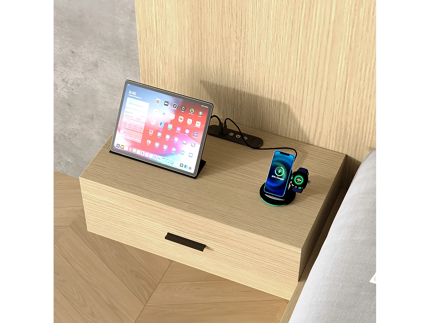 Lit 180x200 avec rangements, 2 chevets, liseuses 360° et USB-C, Chêne clair