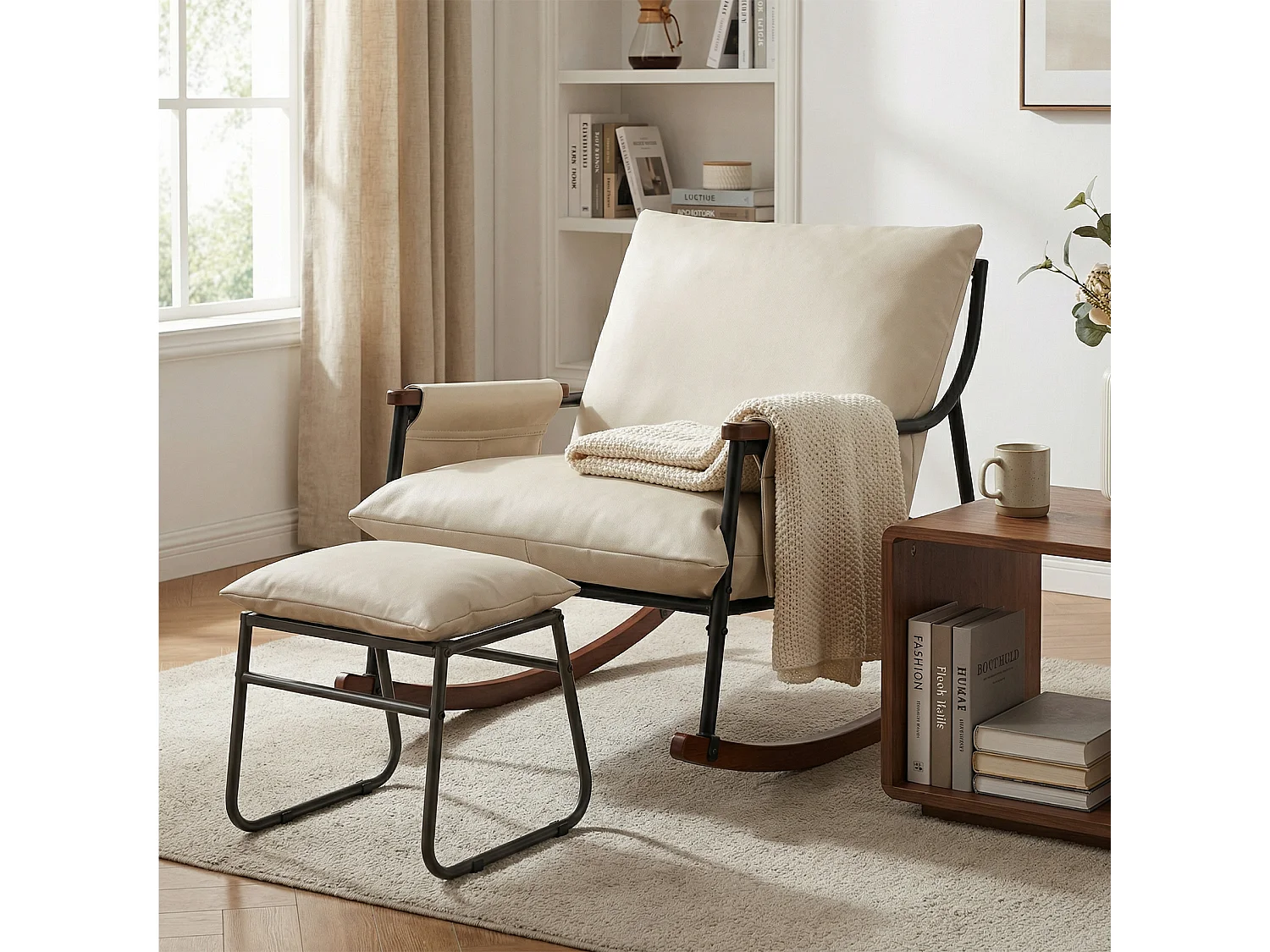 Élégant et Durable – Fauteuil à Bascule en Métal avec Accoudoirs en Bois et Repose-pieds, Coussin Épais de 15 cm, Revêtement en Tissu Technique Moderne, Parfait pou