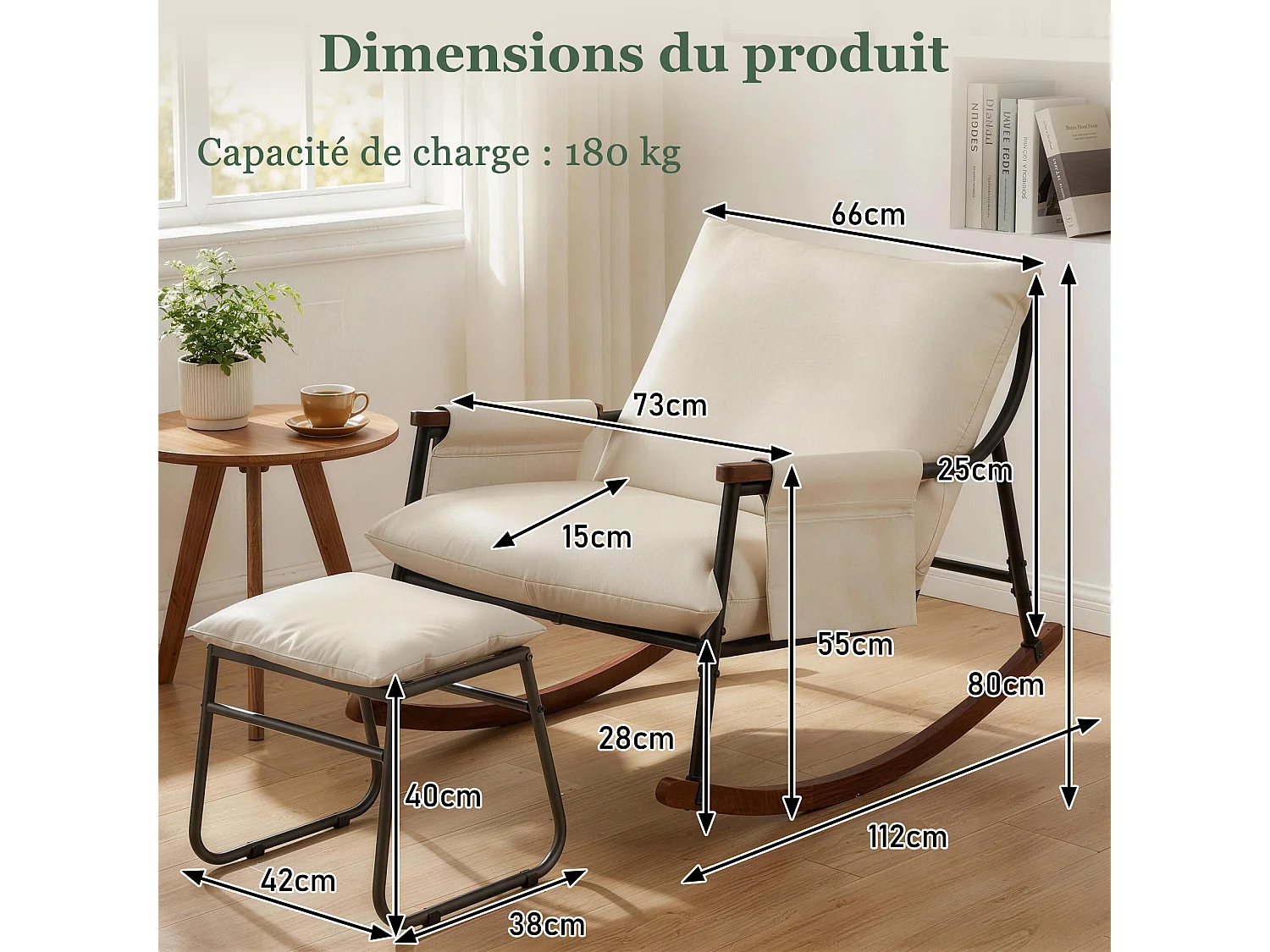 Élégant et Durable – Fauteuil à Bascule en Métal avec Accoudoirs en Bois et Repose-pieds, Coussin Épais de 15 cm, Revêtement en Tissu Technique Moderne, Parfait pou