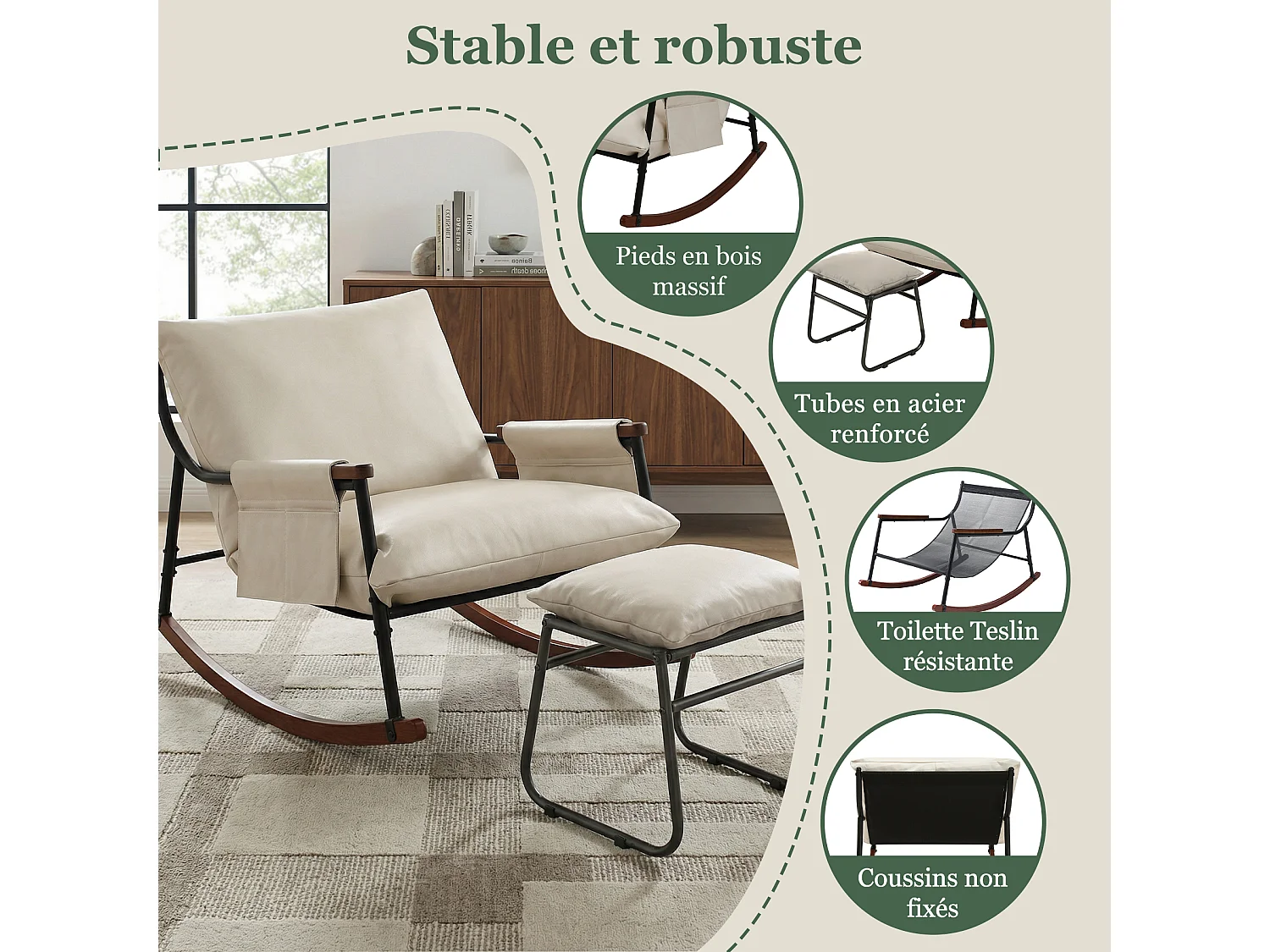Élégant et Durable – Fauteuil à Bascule en Métal avec Accoudoirs en Bois et Repose-pieds, Coussin Épais de 15 cm, Revêtement en Tissu Technique Moderne, Parfait pou
