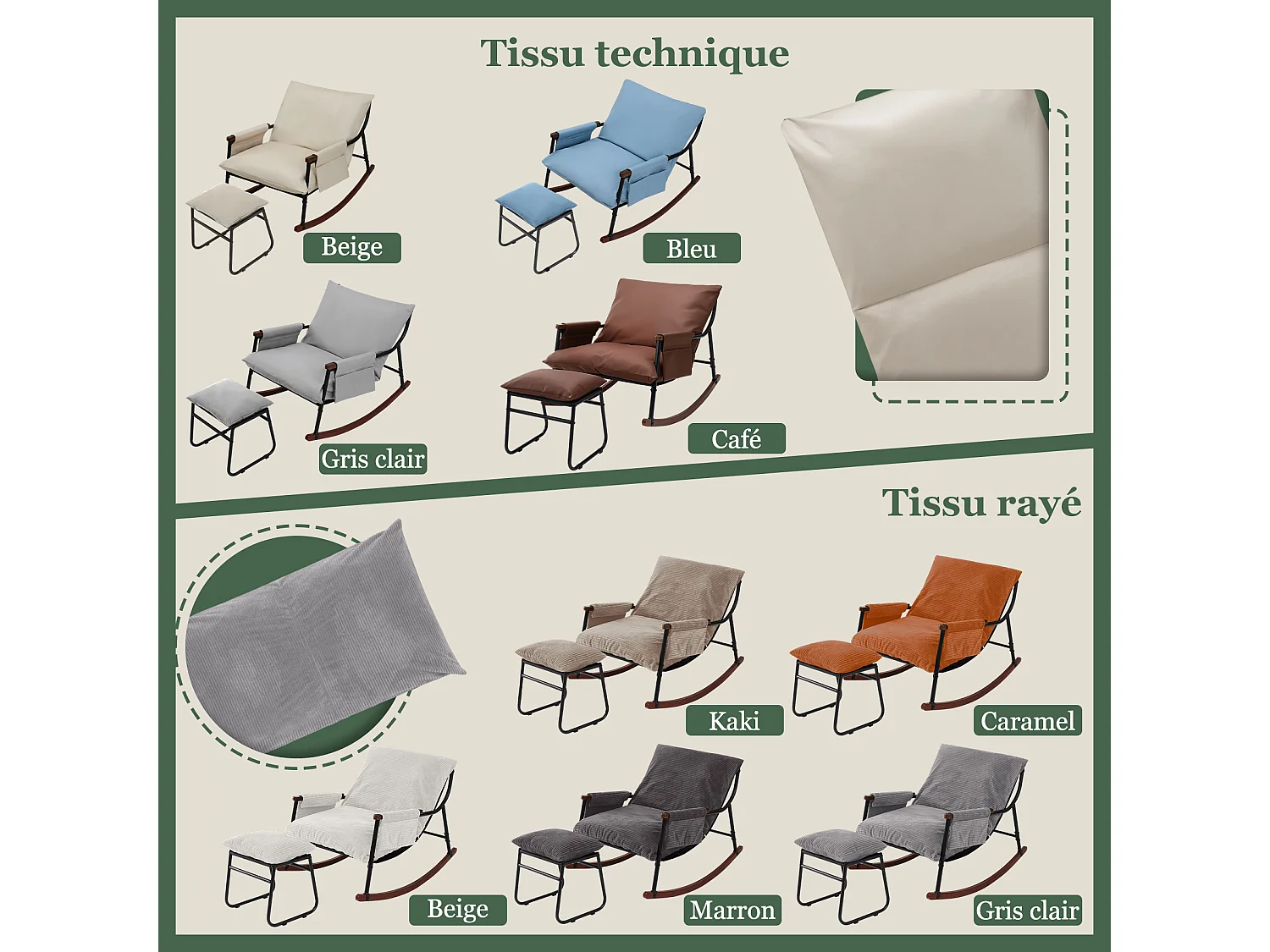 Élégant et Durable – Fauteuil à Bascule en Métal avec Accoudoirs en Bois et Repose-pieds, Coussin Épais de 15 cm, Revêtement en Tissu Technique Moderne, Parfait pou