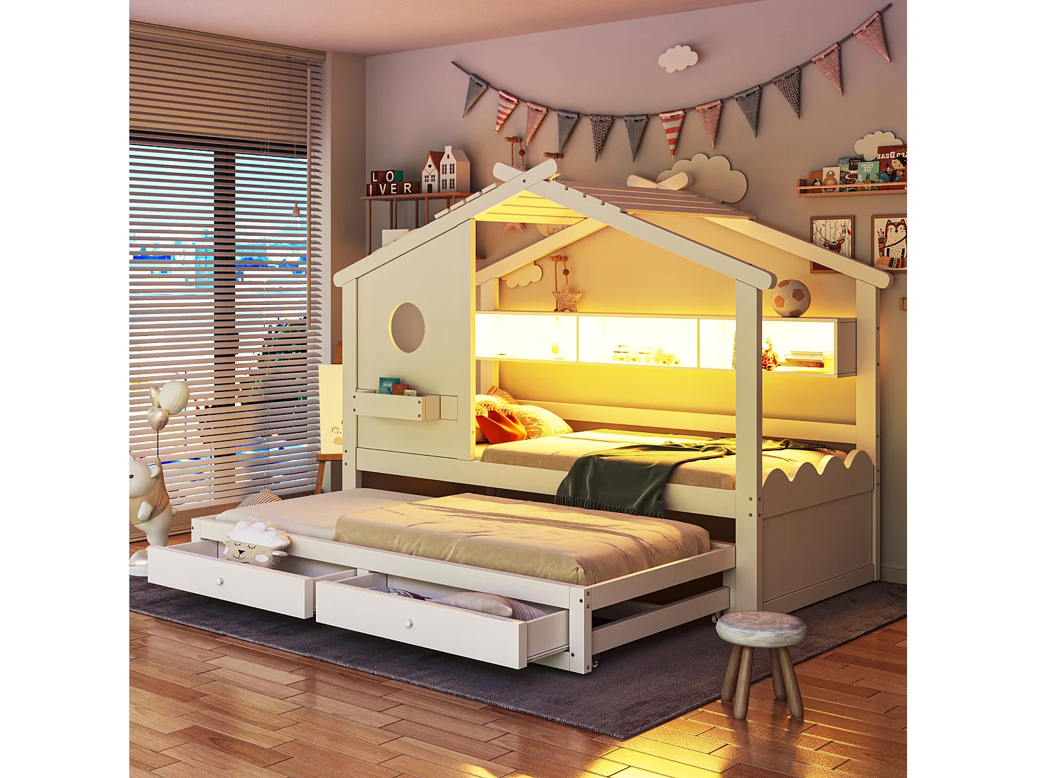 Lit cabane enfant 90x200 avec lit gigogne 90x190 - 2 tiroirs, étagères, LED, USB et USB-C - blanc
