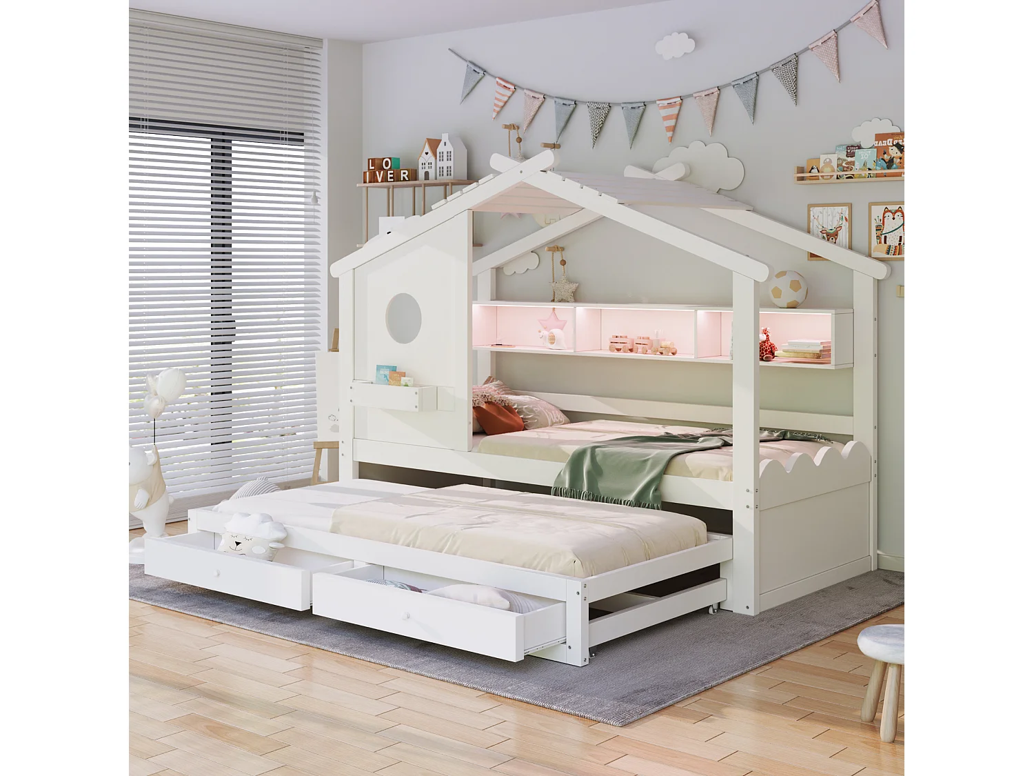 Lit cabane enfant 90x200 avec lit gigogne 90x190 - 2 tiroirs, étagères, LED, USB et USB-C - blanc