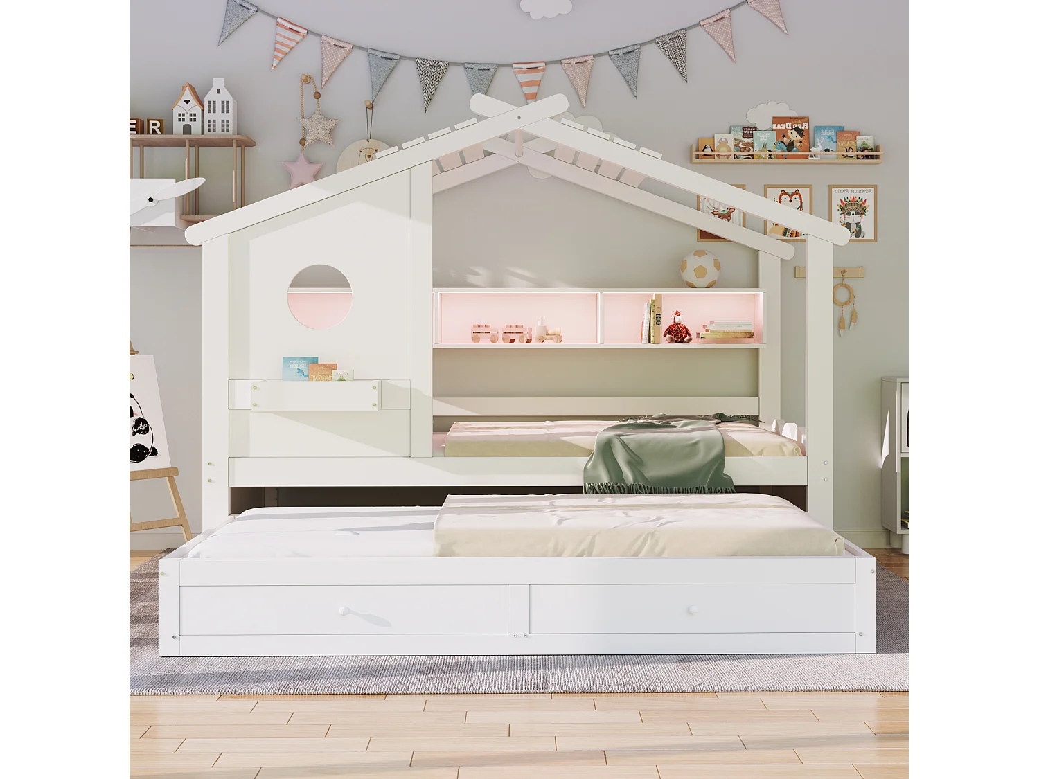 Lit cabane enfant 90x200 avec lit gigogne 90x190 - 2 tiroirs, étagères, LED, USB et USB-C - blanc