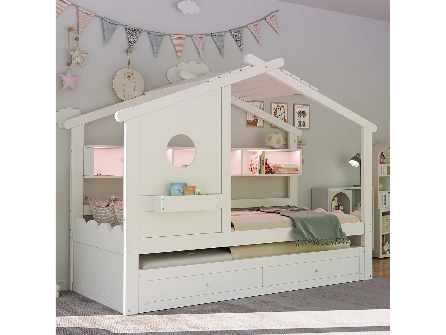 Lit cabane enfant 90x200 avec lit gigogne 90x190 - 2 tiroirs, étagères, LED, USB et USB-C - blanc