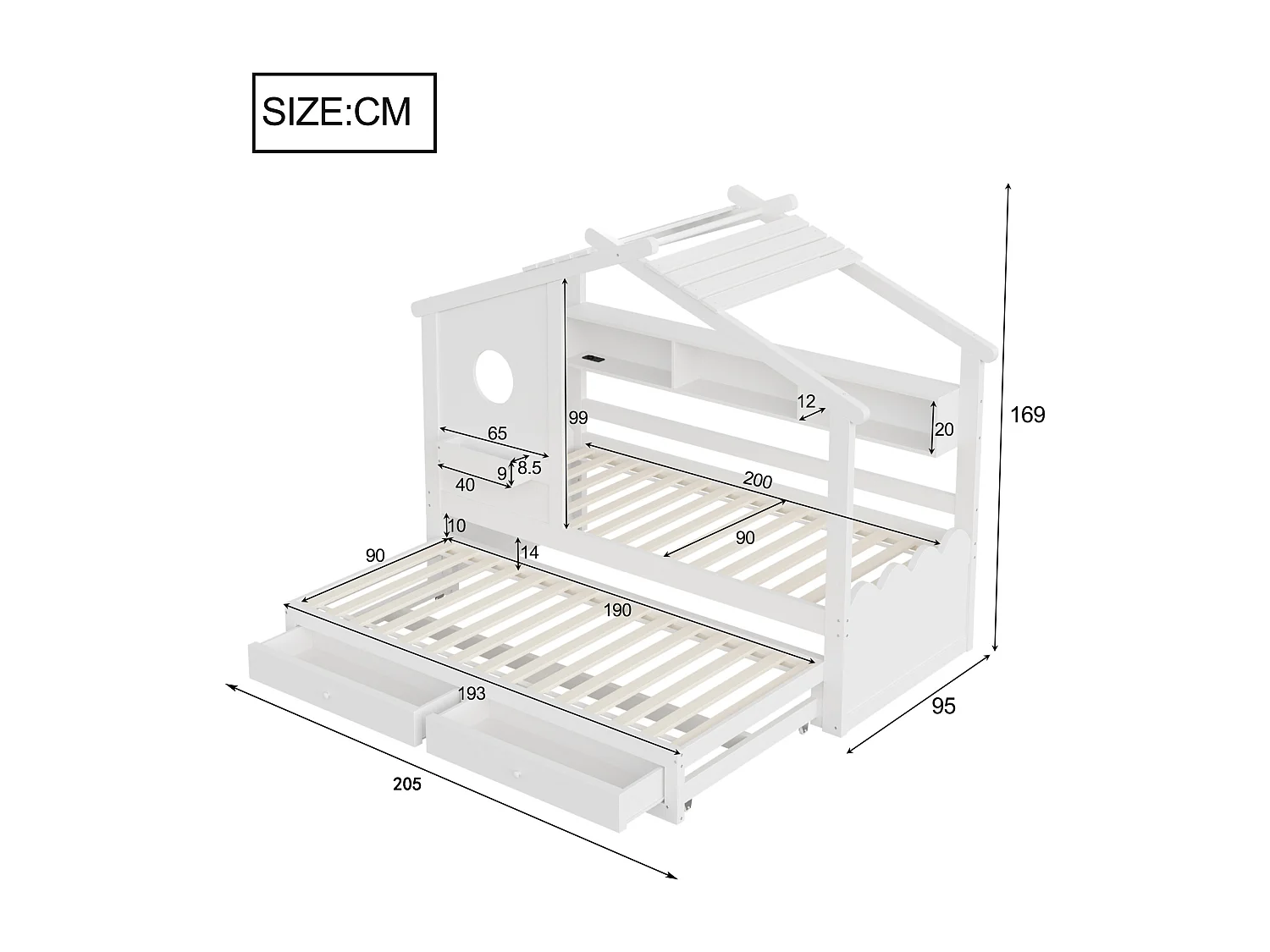 Lit cabane enfant 90x200 avec lit gigogne 90x190 - 2 tiroirs, étagères, LED, USB et USB-C - blanc
