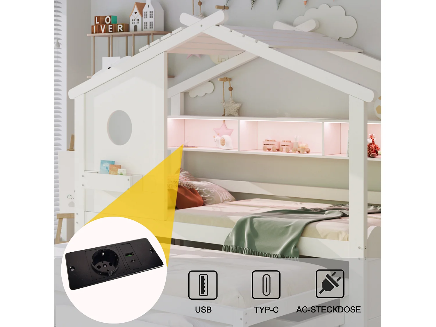 Lit cabane enfant 90x200 avec lit gigogne 90x190 - 2 tiroirs, étagères, LED, USB et USB-C - blanc