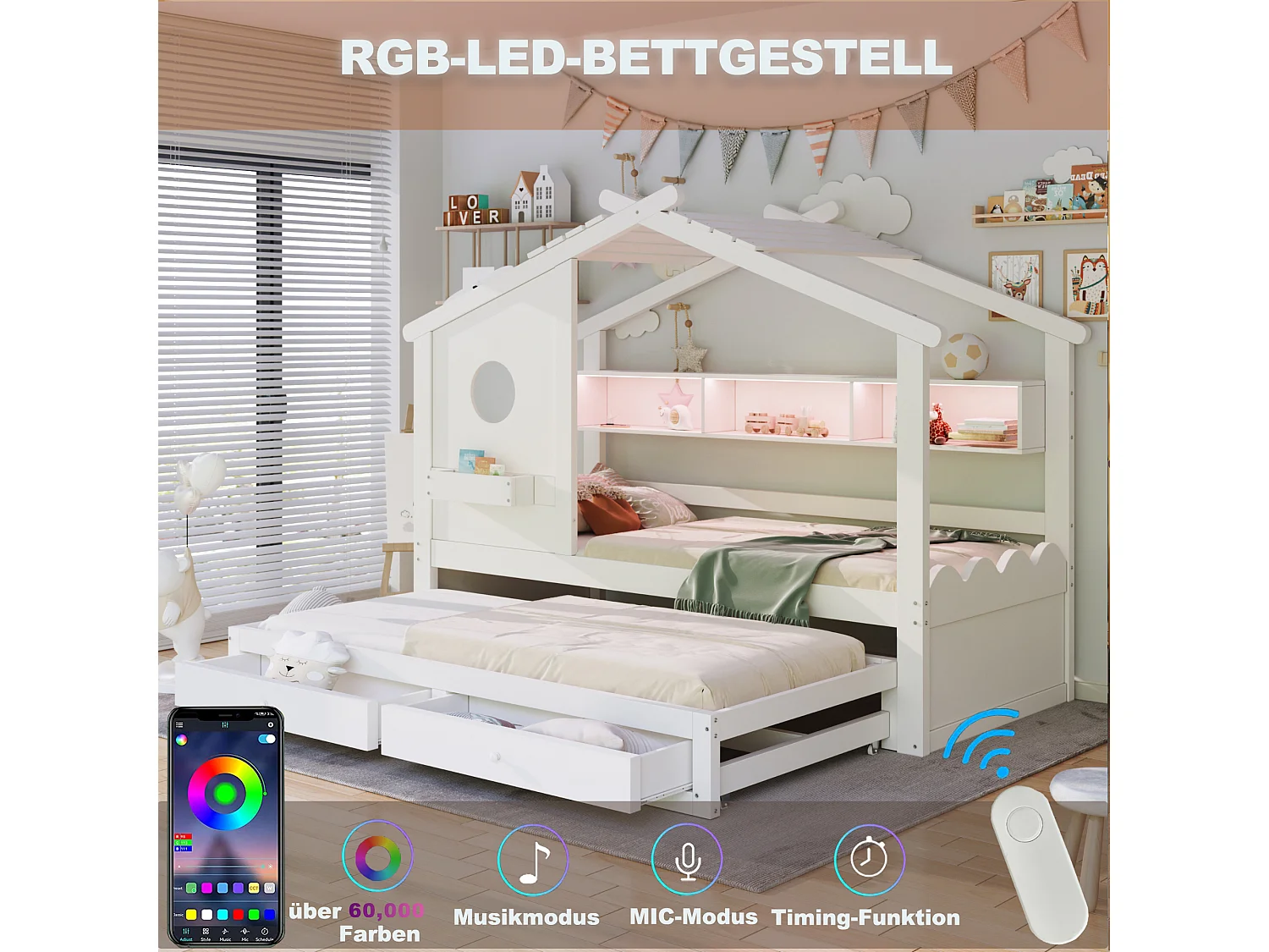 Lit cabane enfant 90x200 avec lit gigogne 90x190 - 2 tiroirs, étagères, LED, USB et USB-C - blanc