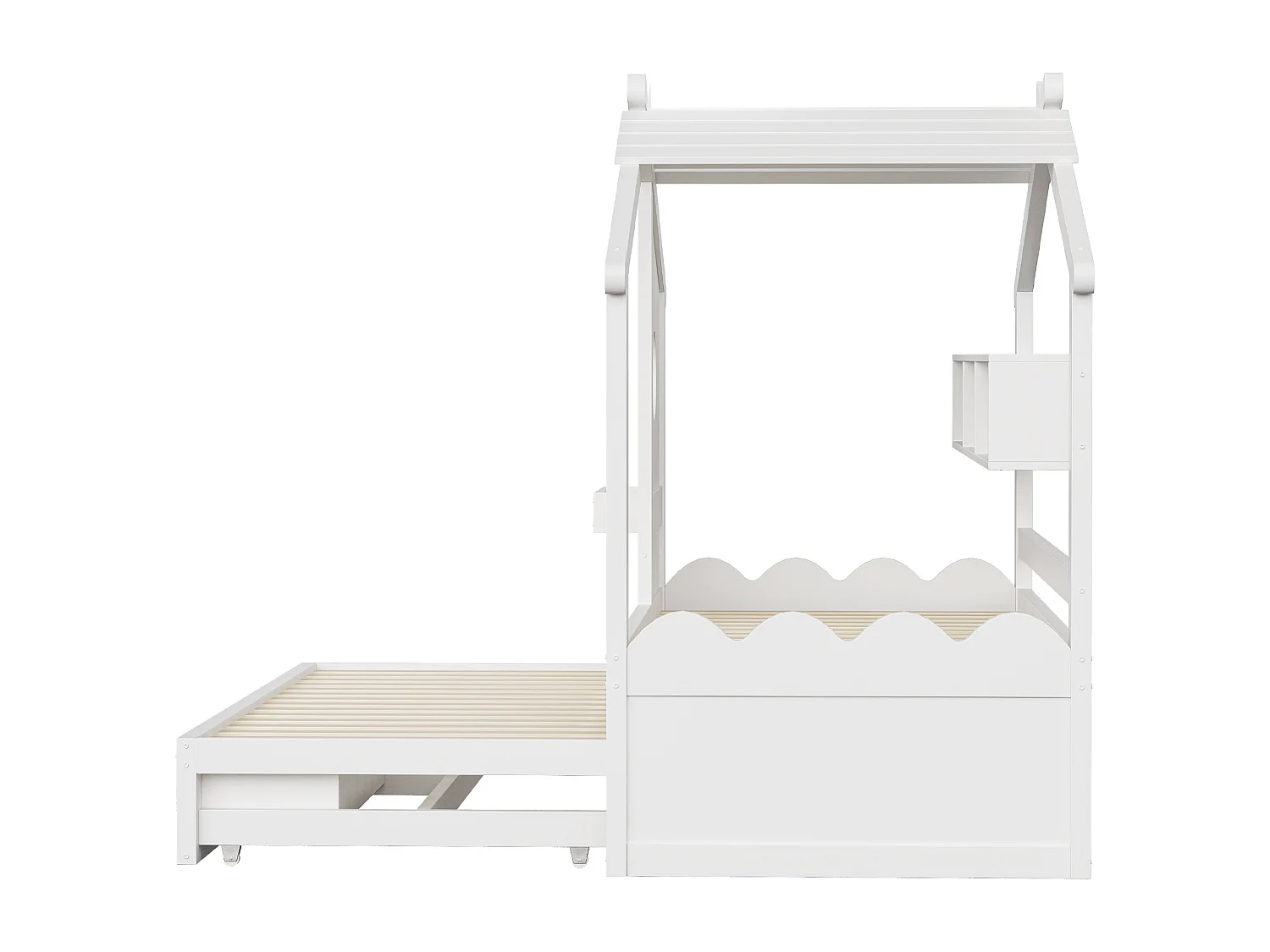 Lit cabane enfant 90x200 avec lit gigogne 90x190 - 2 tiroirs, étagères, LED, USB et USB-C - blanc