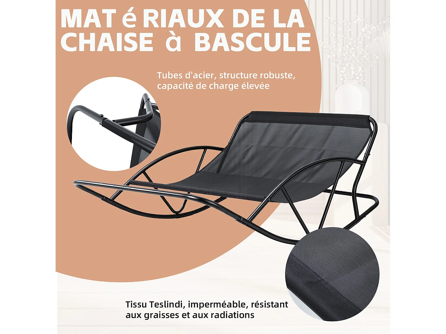 Fauteuil à bascule 2 places avec coussin en tissu rayé – chaise lounge confortable à structure en acier pour balcon, terrasse ou salon