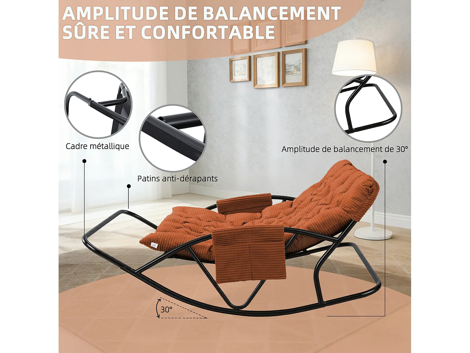 Fauteuil à bascule 2 places avec coussin en tissu rayé – chaise lounge confortable à structure en acier pour balcon, terrasse ou salon
