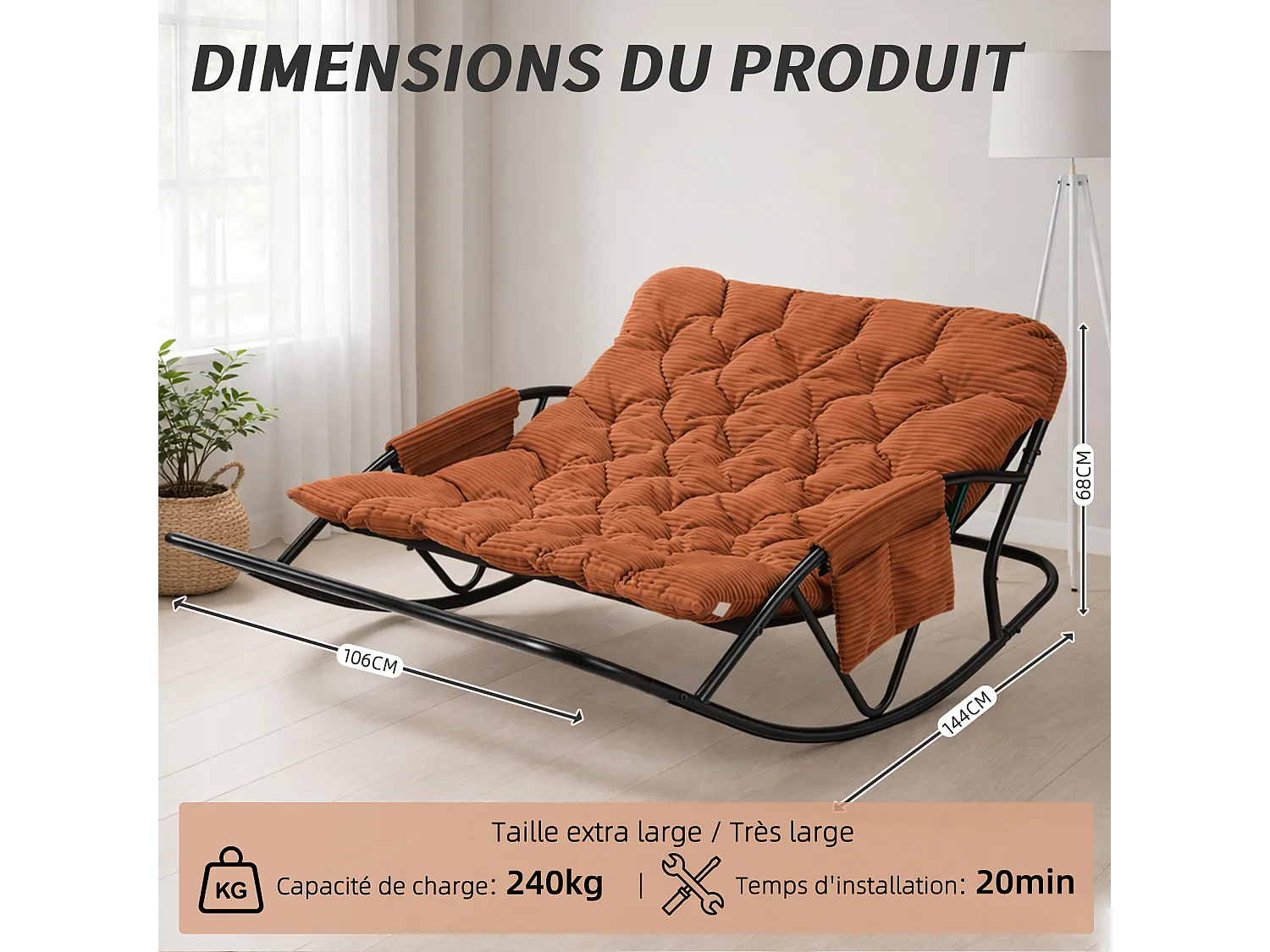 Fauteuil à bascule 2 places avec coussin en tissu rayé – chaise lounge confortable à structure en acier pour balcon, terrasse ou salon