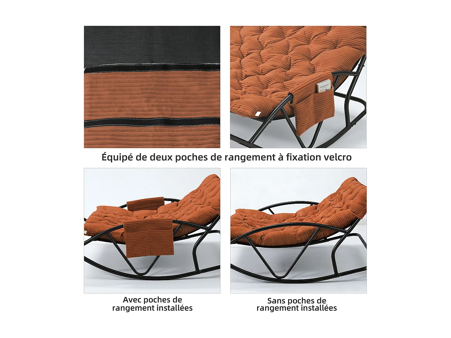 Fauteuil à bascule 2 places avec coussin en tissu rayé – chaise lounge confortable à structure en acier pour balcon, terrasse ou salon