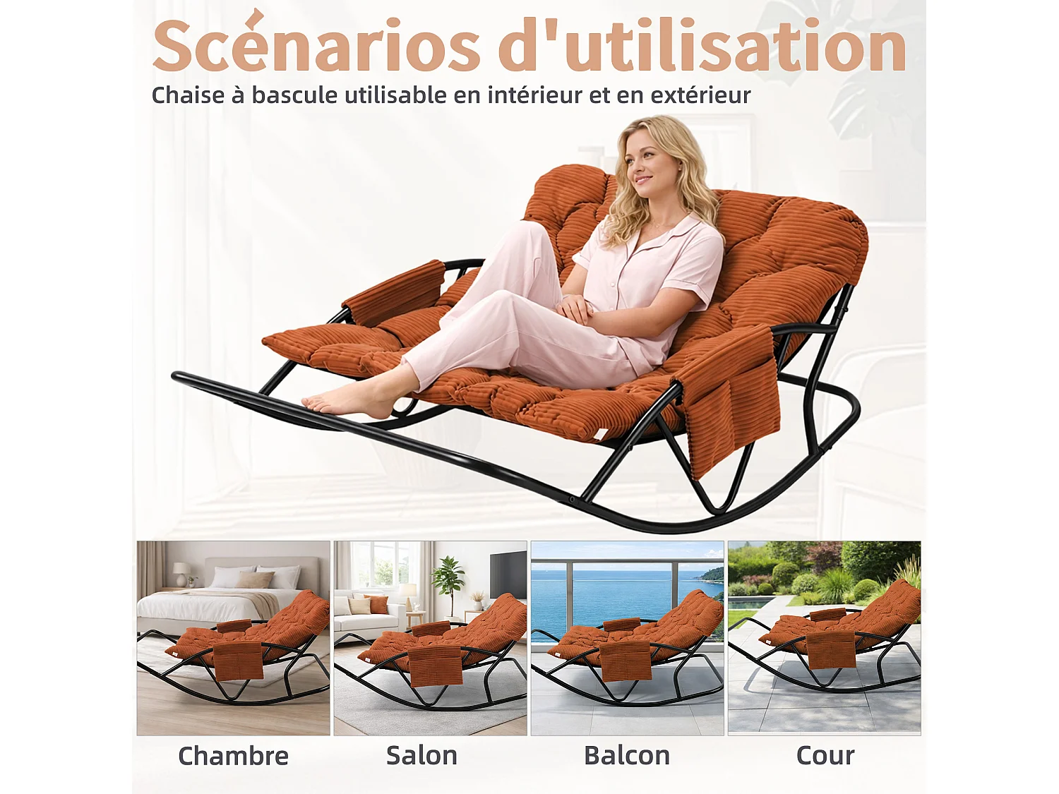 Fauteuil à bascule 2 places avec coussin en tissu rayé – chaise lounge confortable à structure en acier pour balcon, terrasse ou salon