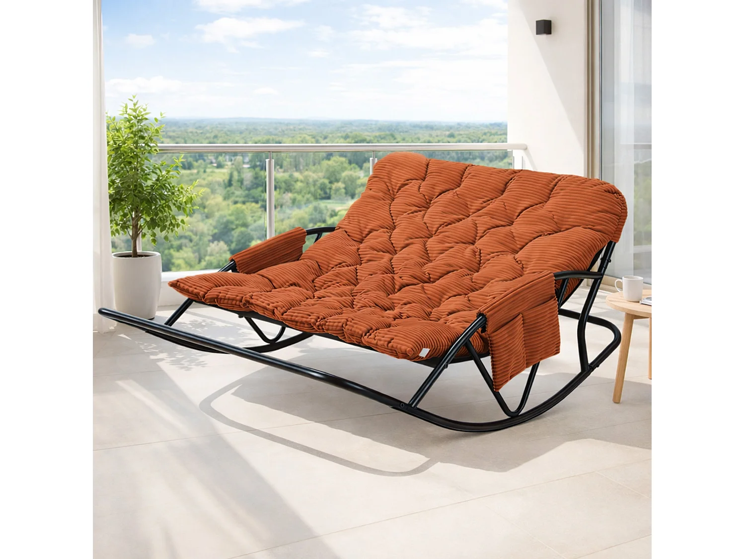 Fauteuil à bascule 2 places avec coussin en tissu rayé – chaise lounge confortable à structure en acier pour balcon, terrasse ou salon