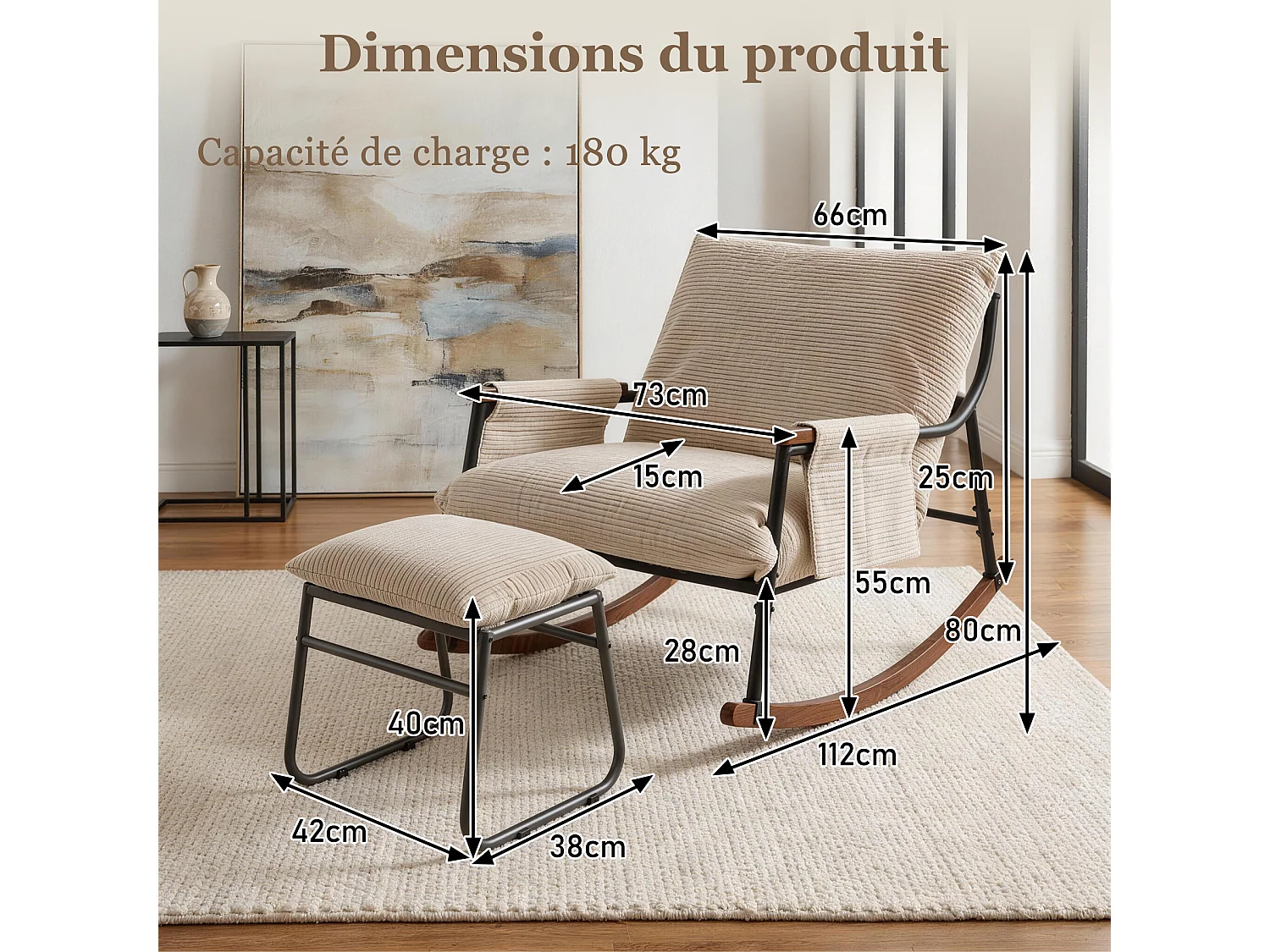 Confort Exceptionnel – Fauteuil à Bascule en Métal avec Accoudoirs en Bois et Repose-pieds, Coussin Épais de 15 cm, Design Moderne en Tissu Rayé, Idéal pour le Salo