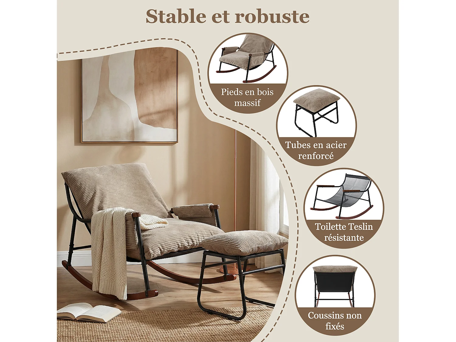 Confort Exceptionnel – Fauteuil à Bascule en Métal avec Accoudoirs en Bois et Repose-pieds, Coussin Épais de 15 cm, Design Moderne en Tissu Rayé, Idéal pour le Salo