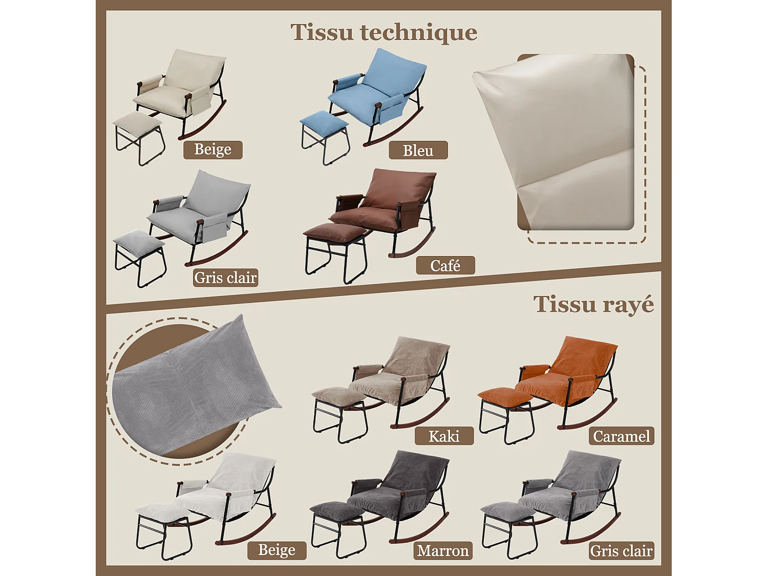 Confort Exceptionnel – Fauteuil à Bascule en Métal avec Accoudoirs en Bois et Repose-pieds, Coussin Épais de 15 cm, Design Moderne en Tissu Rayé, Idéal pour le Salo