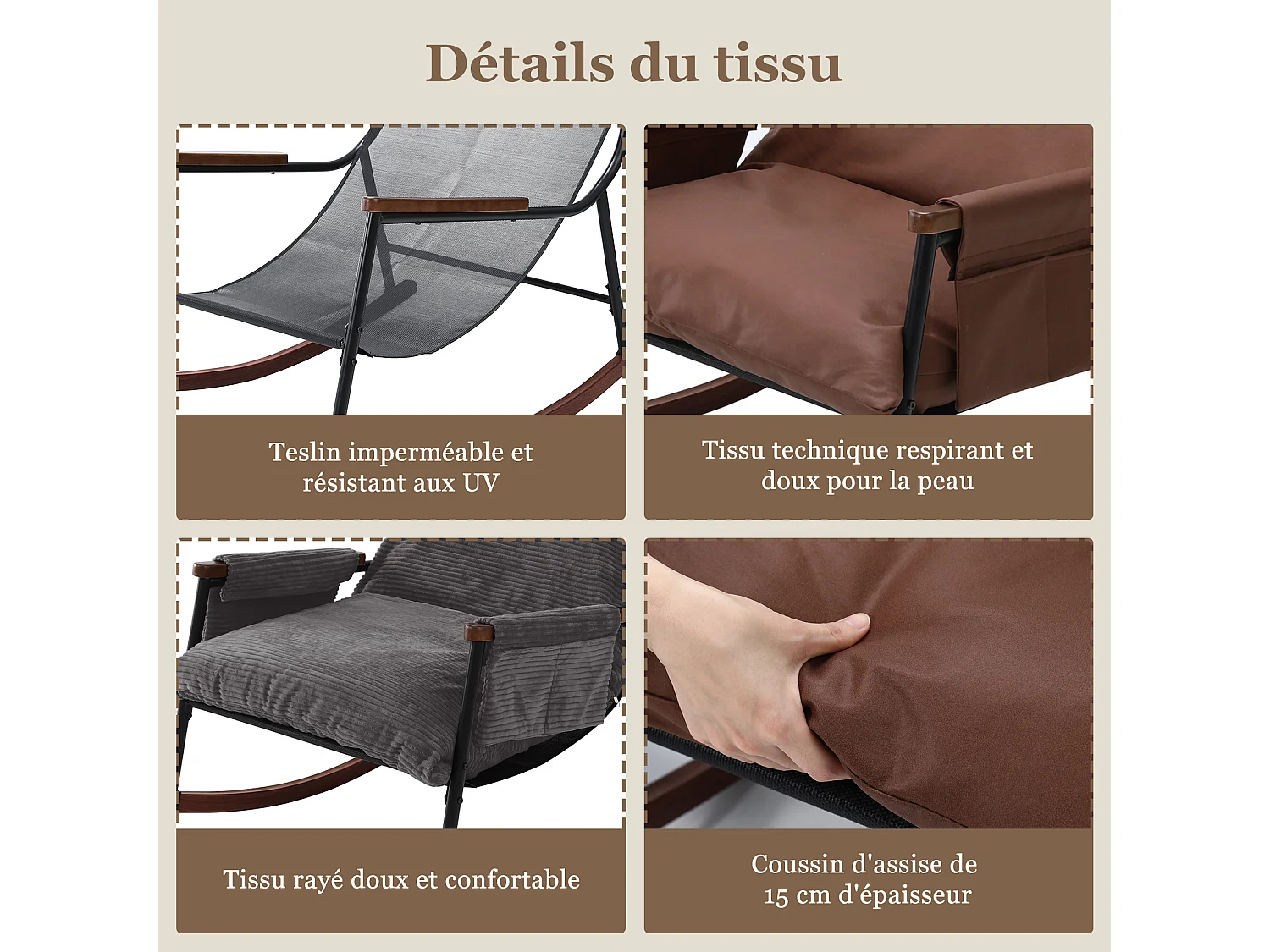 Confort Exceptionnel – Fauteuil à Bascule en Métal avec Accoudoirs en Bois et Repose-pieds, Coussin Épais de 15 cm, Design Moderne en Tissu Rayé, Idéal pour le Salo