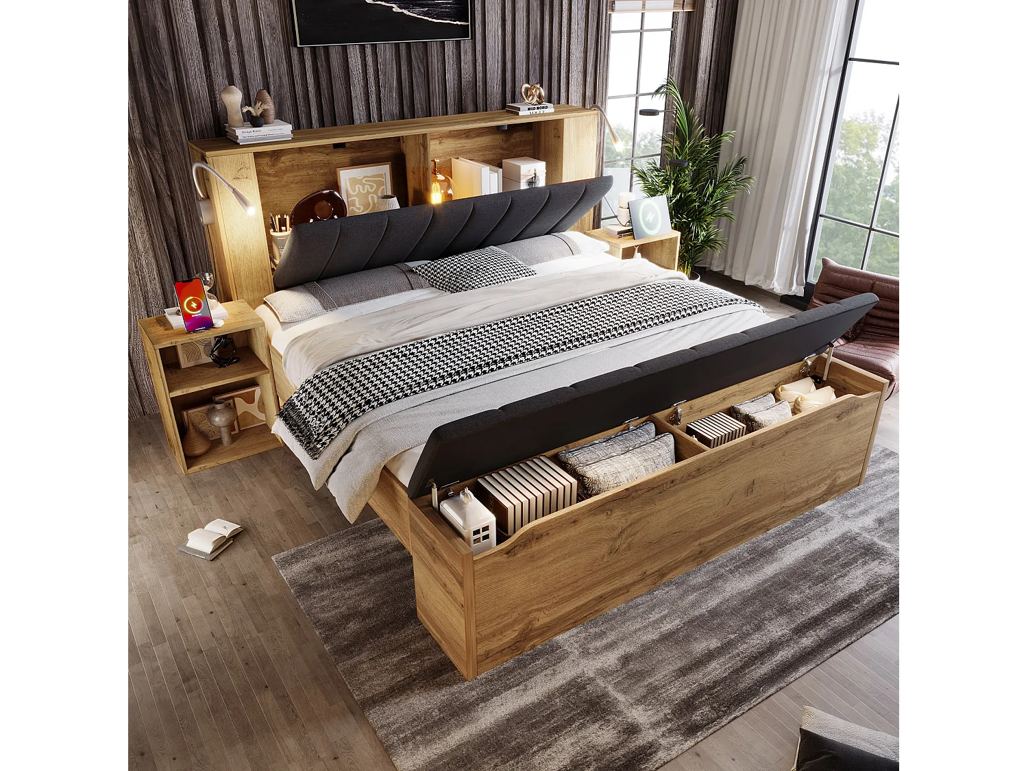 Lit coffre 180x200 avec rangement, chevets, banc coffre, liseuses USB, sommier, finition chêne
