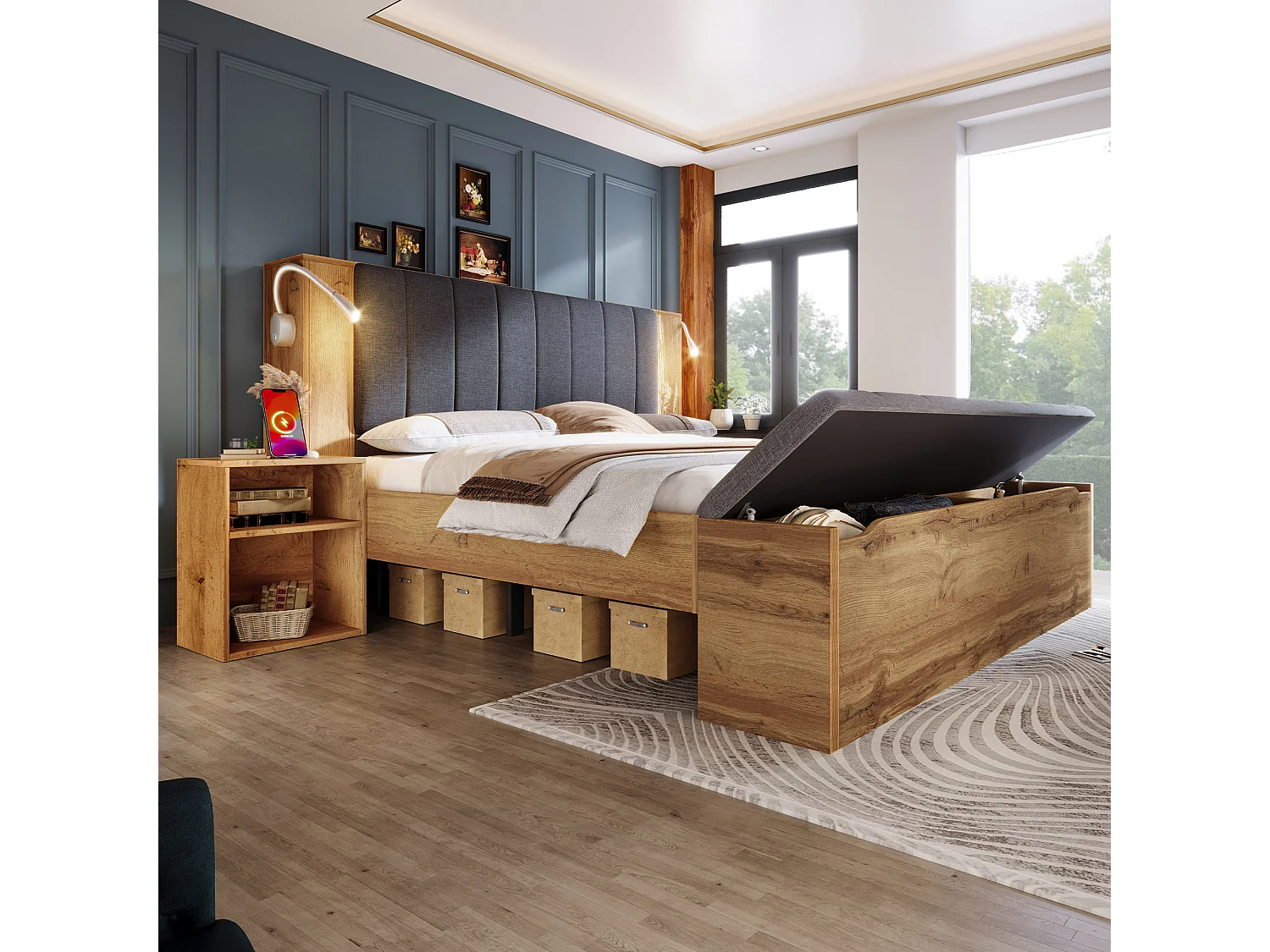 Lit coffre 180x200 avec rangement, chevets, banc coffre, liseuses USB, sommier, finition chêne