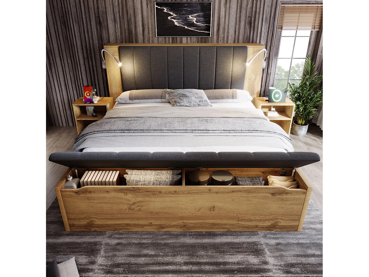 Lit coffre 180x200 avec rangement, chevets, banc coffre, liseuses USB, sommier, finition chêne