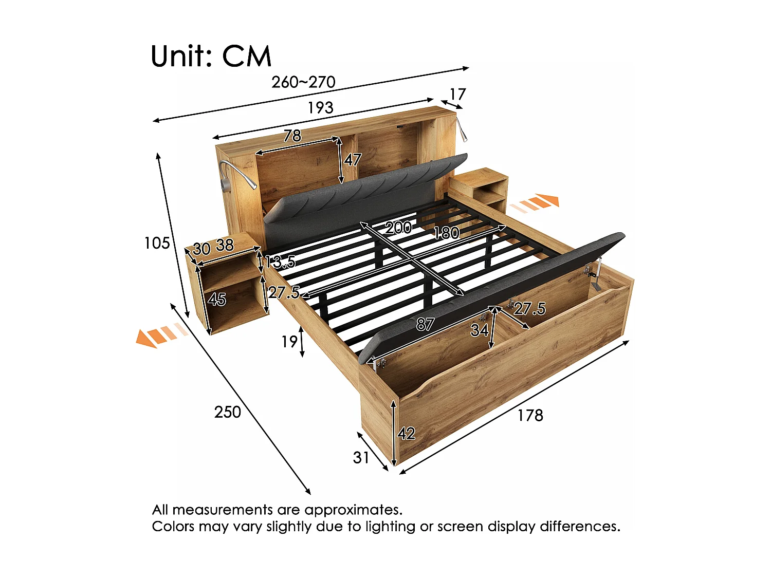 Lit coffre 180x200 avec rangement, chevets, banc coffre, liseuses USB, sommier, finition chêne