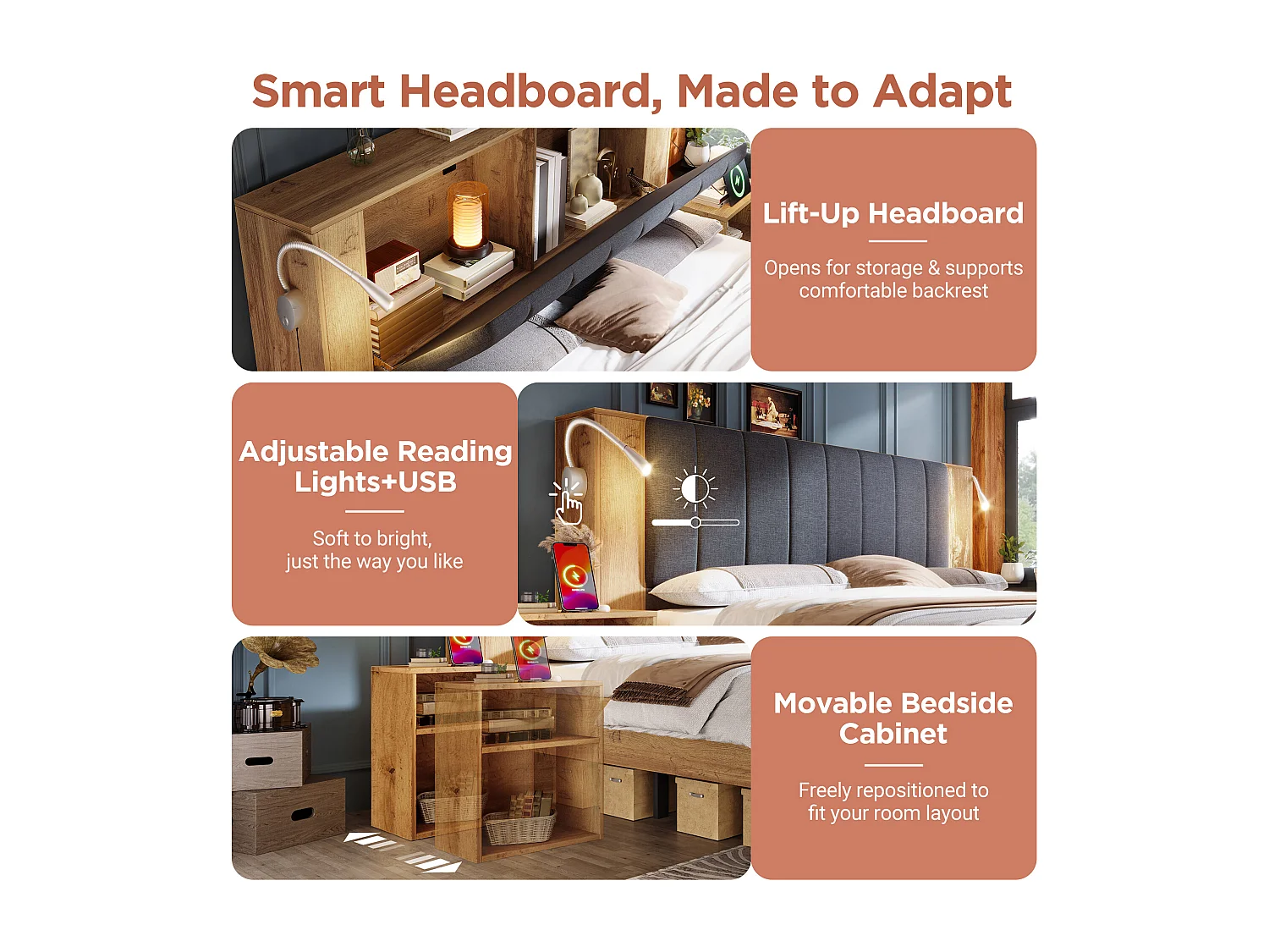 Lit coffre 180x200 avec rangement, chevets, banc coffre, liseuses USB, sommier, finition chêne