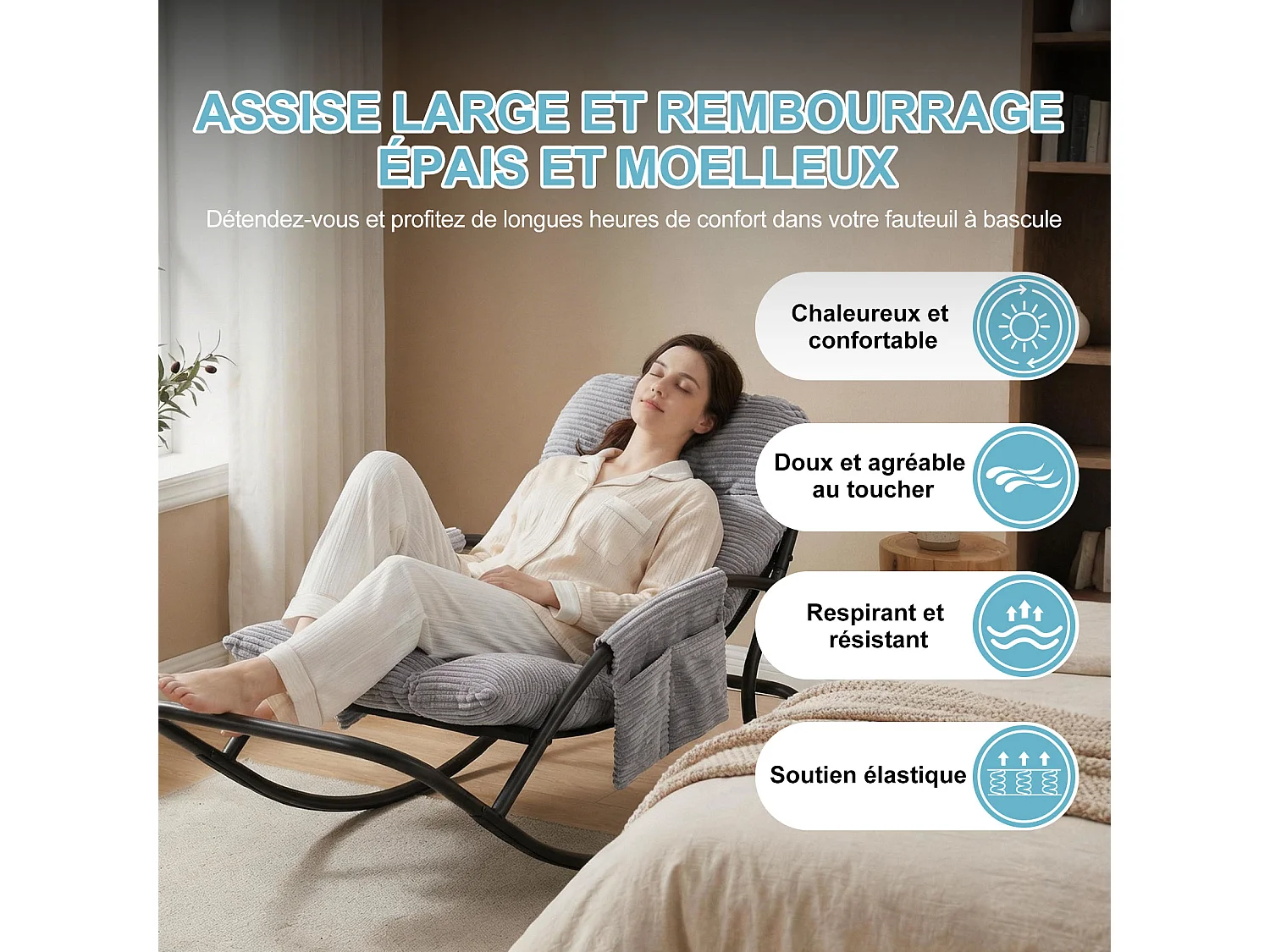 Fauteuil à bascule avec coussin épais en tissu rayé, chaise lounge à structure en acier pour salon, balcon ou terrasse