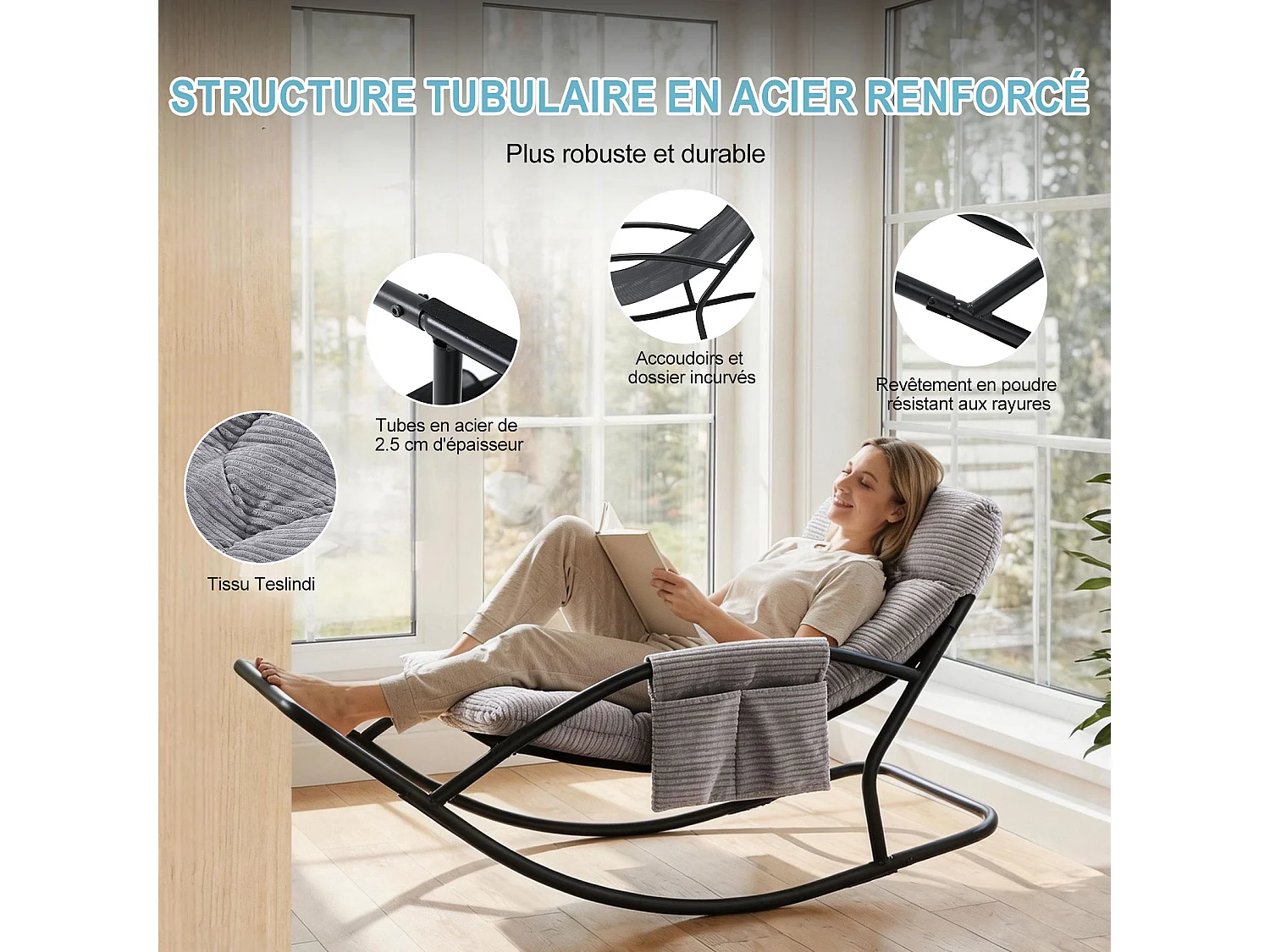 Fauteuil à bascule avec coussin épais en tissu rayé, chaise lounge à structure en acier pour salon, balcon ou terrasse