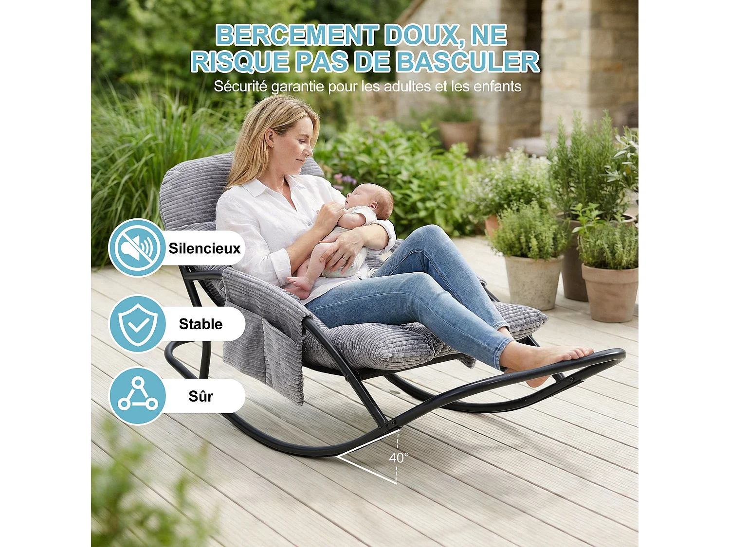 Fauteuil à bascule avec coussin épais en tissu rayé, chaise lounge à structure en acier pour salon, balcon ou terrasse