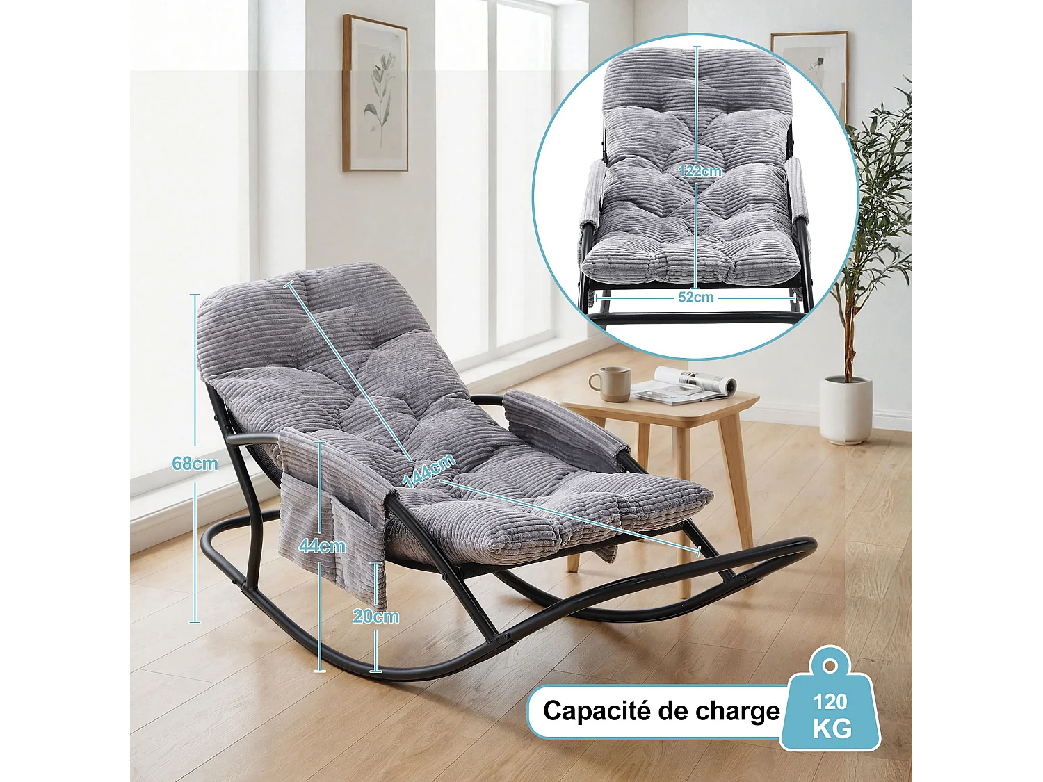 Fauteuil à bascule avec coussin épais en tissu rayé, chaise lounge à structure en acier pour salon, balcon ou terrasse
