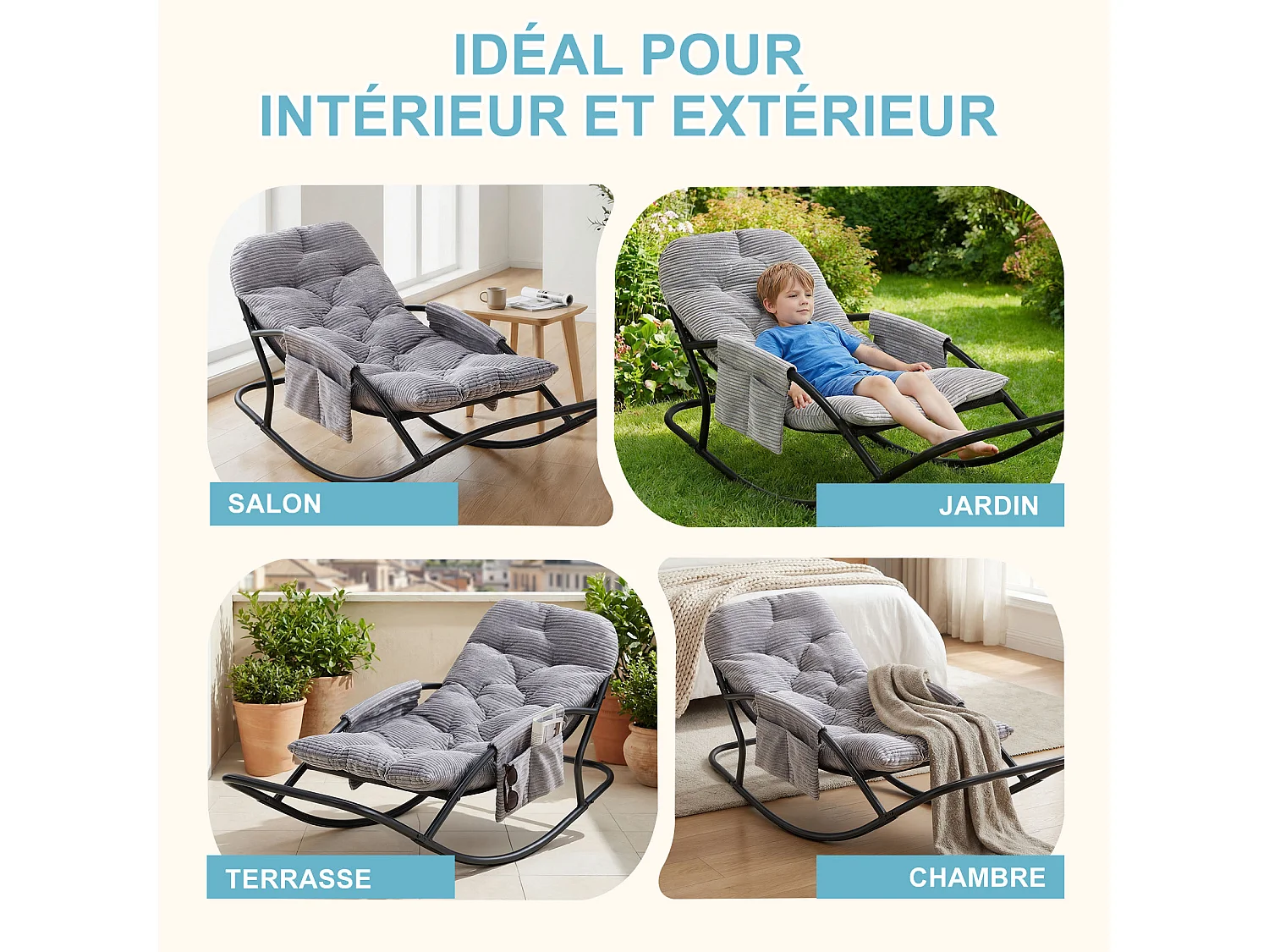 Fauteuil à bascule avec coussin épais en tissu rayé, chaise lounge à structure en acier pour salon, balcon ou terrasse