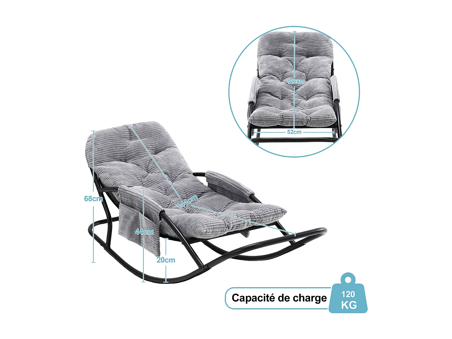 Fauteuil à bascule avec coussin épais en tissu rayé, chaise lounge à structure en acier pour salon, balcon ou terrasse
