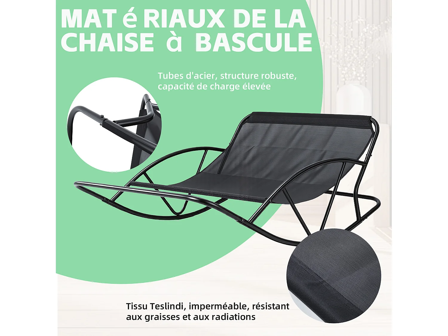 Fauteuil à bascule 2 places avec coussin en tissu rayé – chaise lounge confortable à structure en acier pour balcon, terrasse ou salon