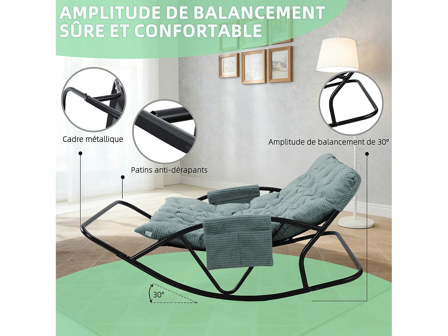 Fauteuil à bascule 2 places avec coussin en tissu rayé – chaise lounge confortable à structure en acier pour balcon, terrasse ou salon