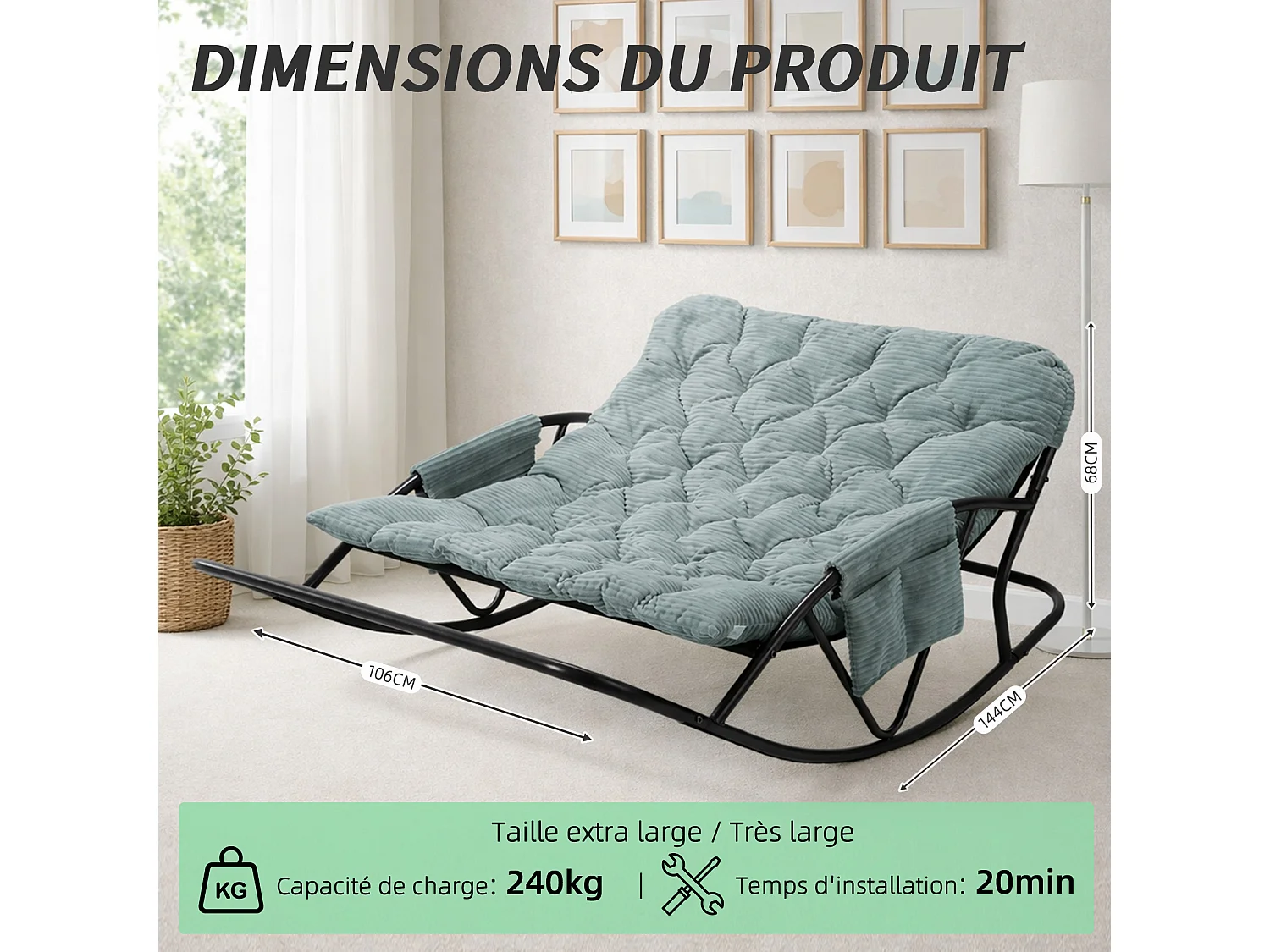 Fauteuil à bascule 2 places avec coussin en tissu rayé – chaise lounge confortable à structure en acier pour balcon, terrasse ou salon