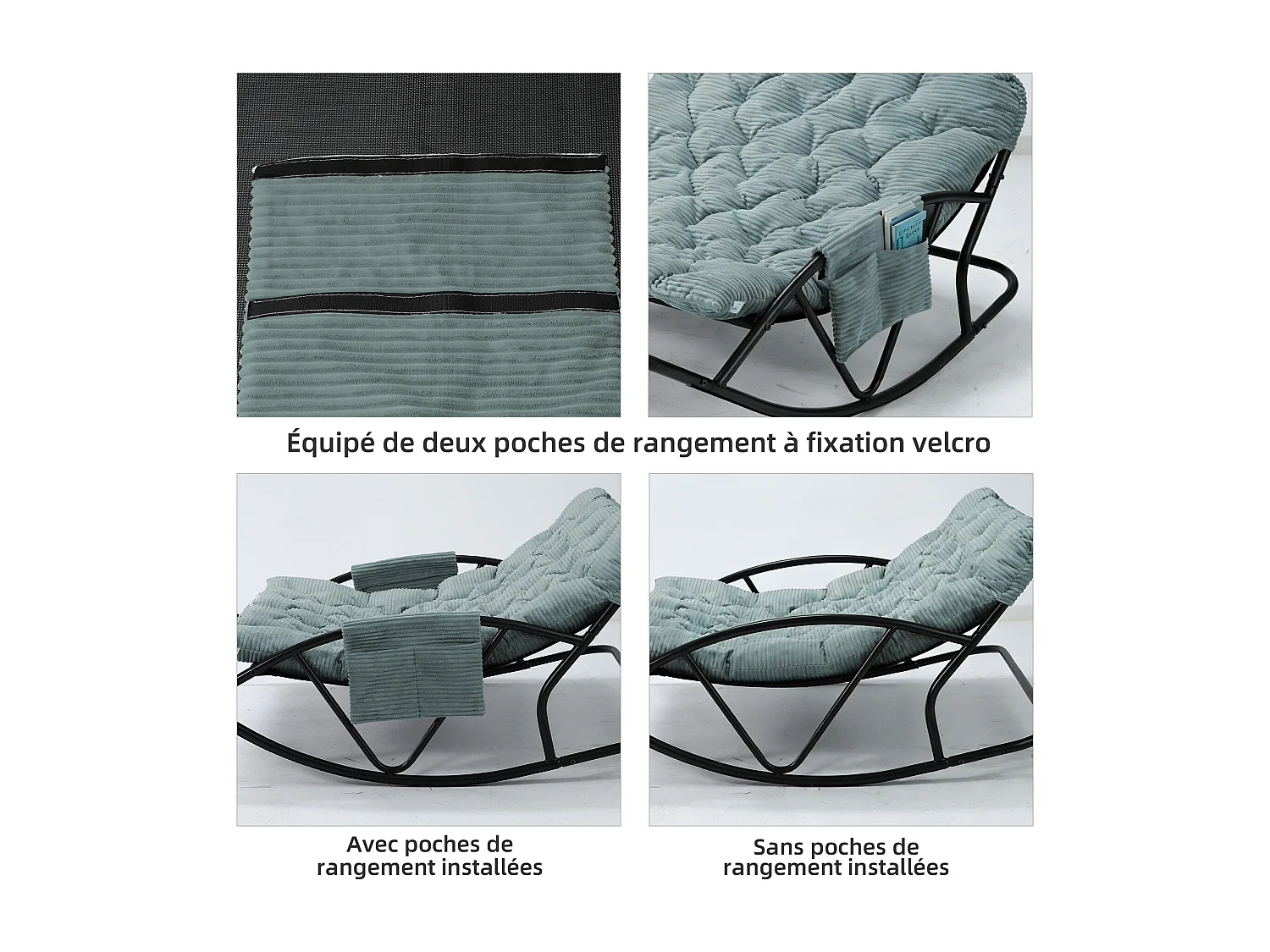 Fauteuil à bascule 2 places avec coussin en tissu rayé – chaise lounge confortable à structure en acier pour balcon, terrasse ou salon