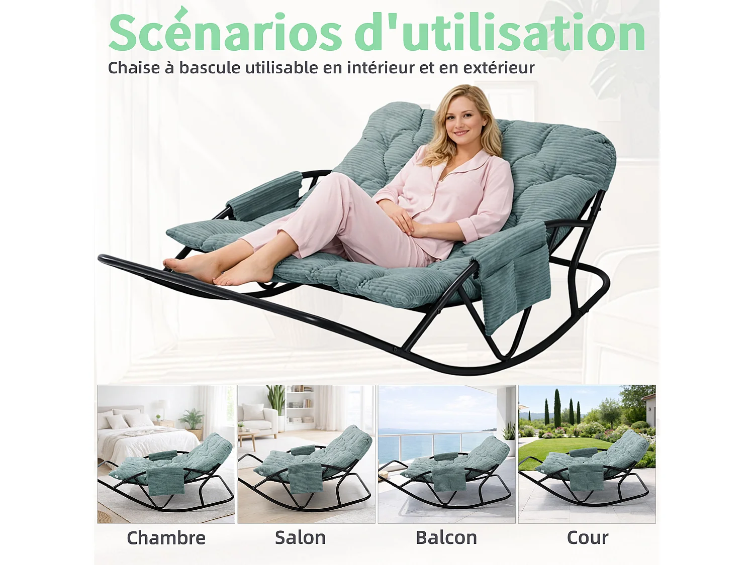 Fauteuil à bascule 2 places avec coussin en tissu rayé – chaise lounge confortable à structure en acier pour balcon, terrasse ou salon