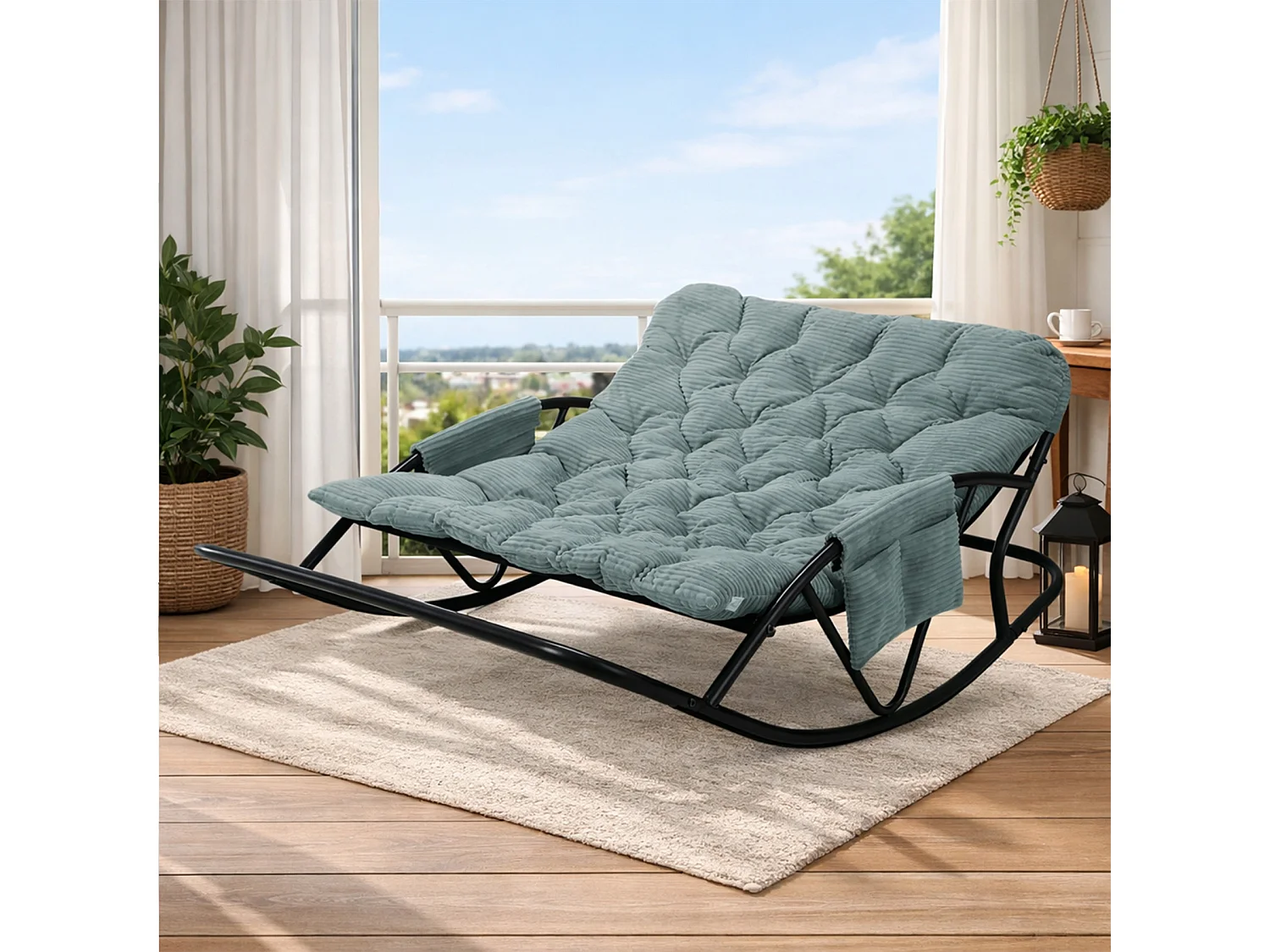 Fauteuil à bascule 2 places avec coussin en tissu rayé – chaise lounge confortable à structure en acier pour balcon, terrasse ou salon