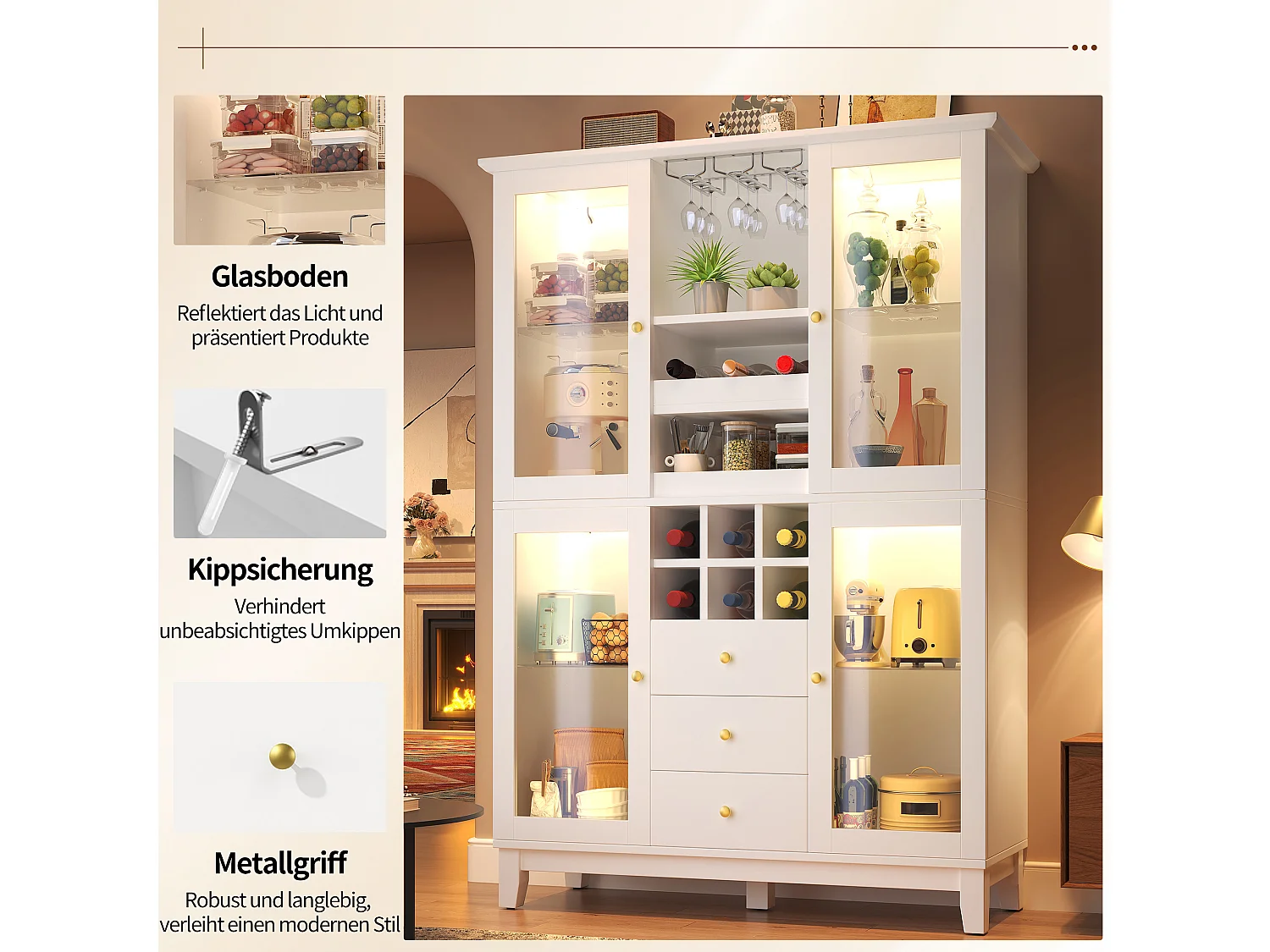 Buffet 180,5 x 120 x 40 cm avec éclairage LED, 3 tiroirs, porte-verres et porte-bouteilles, blanc