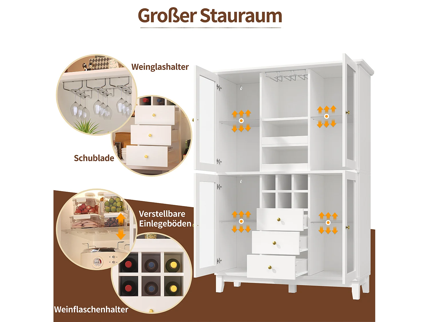 Buffet 180,5 x 120 x 40 cm avec éclairage LED, 3 tiroirs, porte-verres et porte-bouteilles, blanc