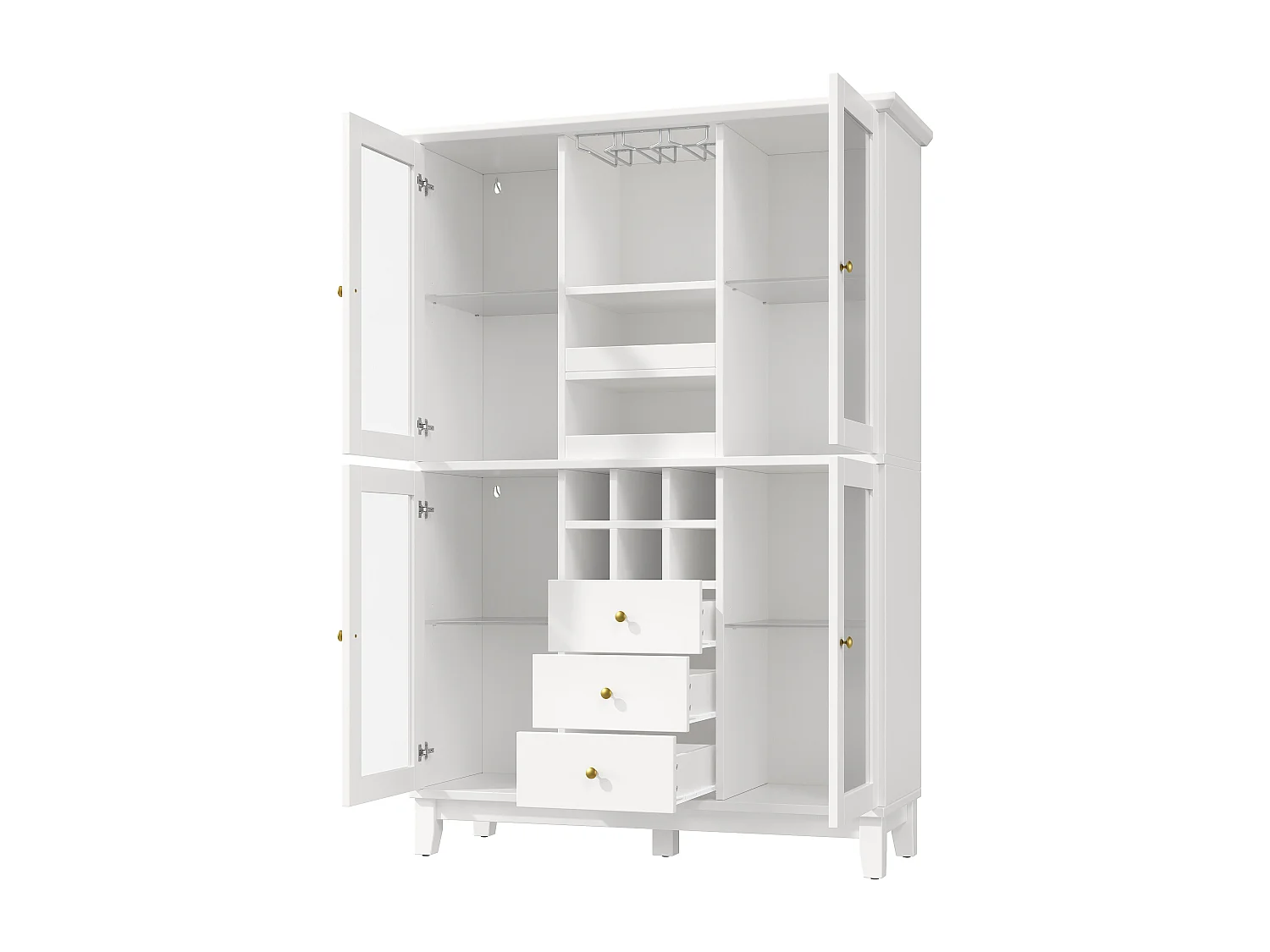 Buffet 180,5 x 120 x 40 cm avec éclairage LED, 3 tiroirs, porte-verres et porte-bouteilles, blanc
